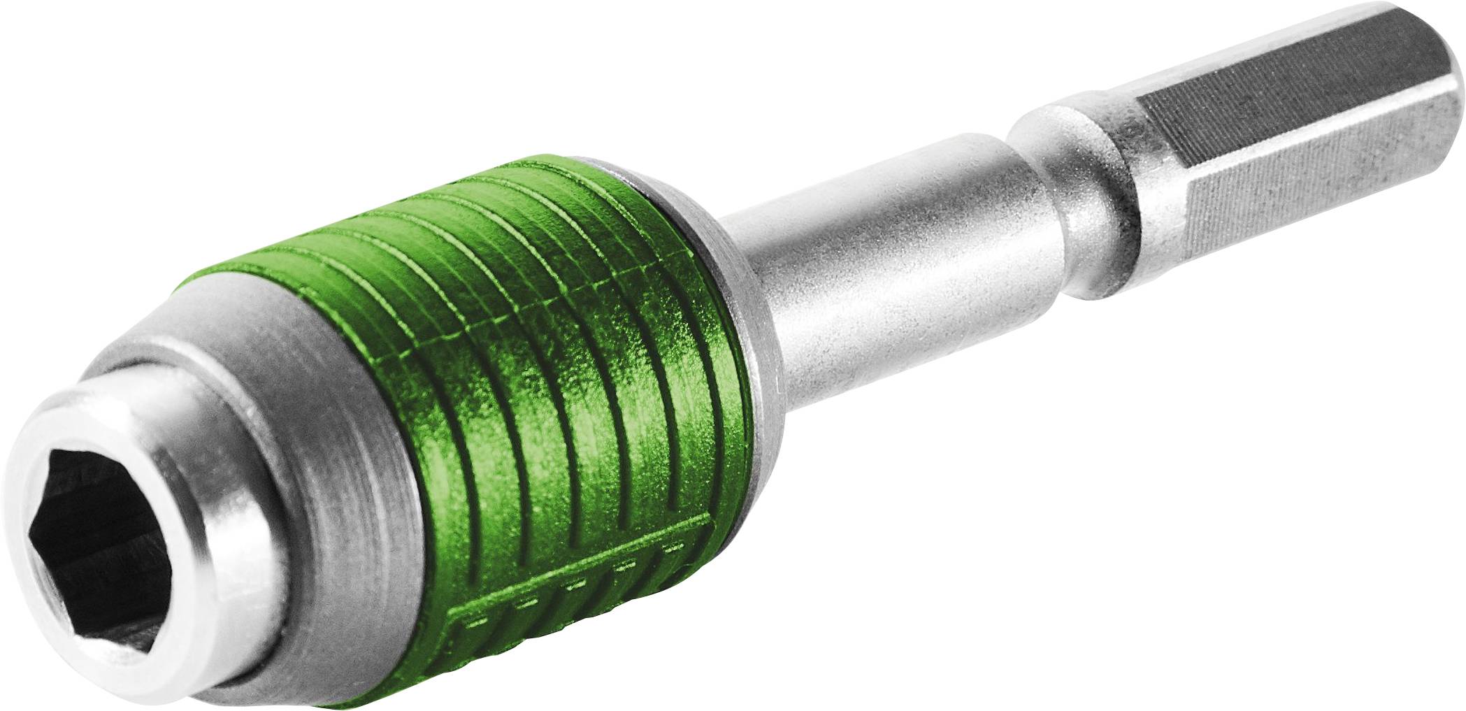 A green and silver hex socket adapter for a drill, used for driving nuts and bolts efficiently.