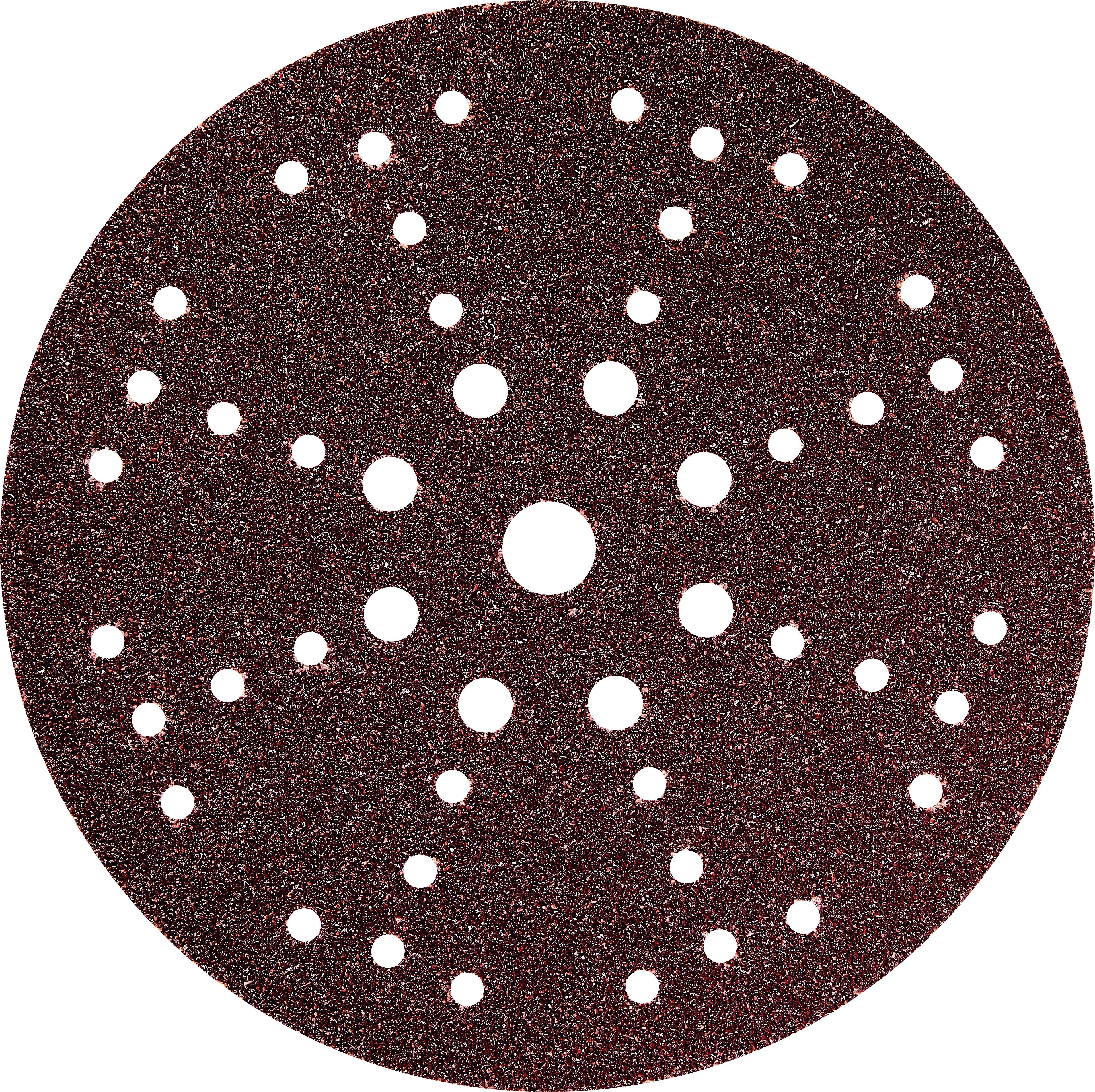 A round, dark red sandpaper disc with multiple small evenly spaced holes, used for smoothing surfaces in sanding tasks.