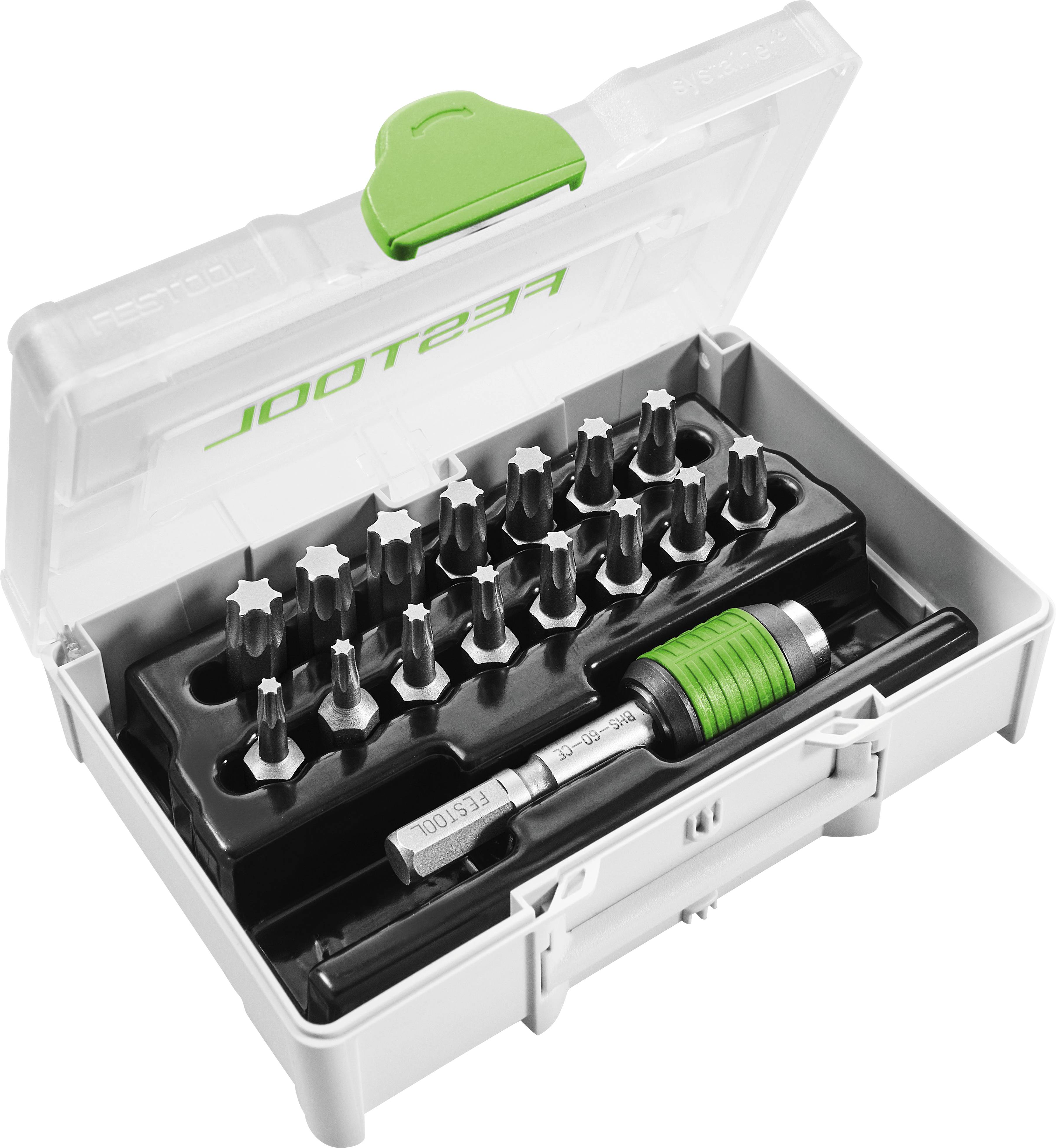 'Festool' branded toolset box containing multiple screwdriver bits and a handle, organized in rows for easy access and storage.