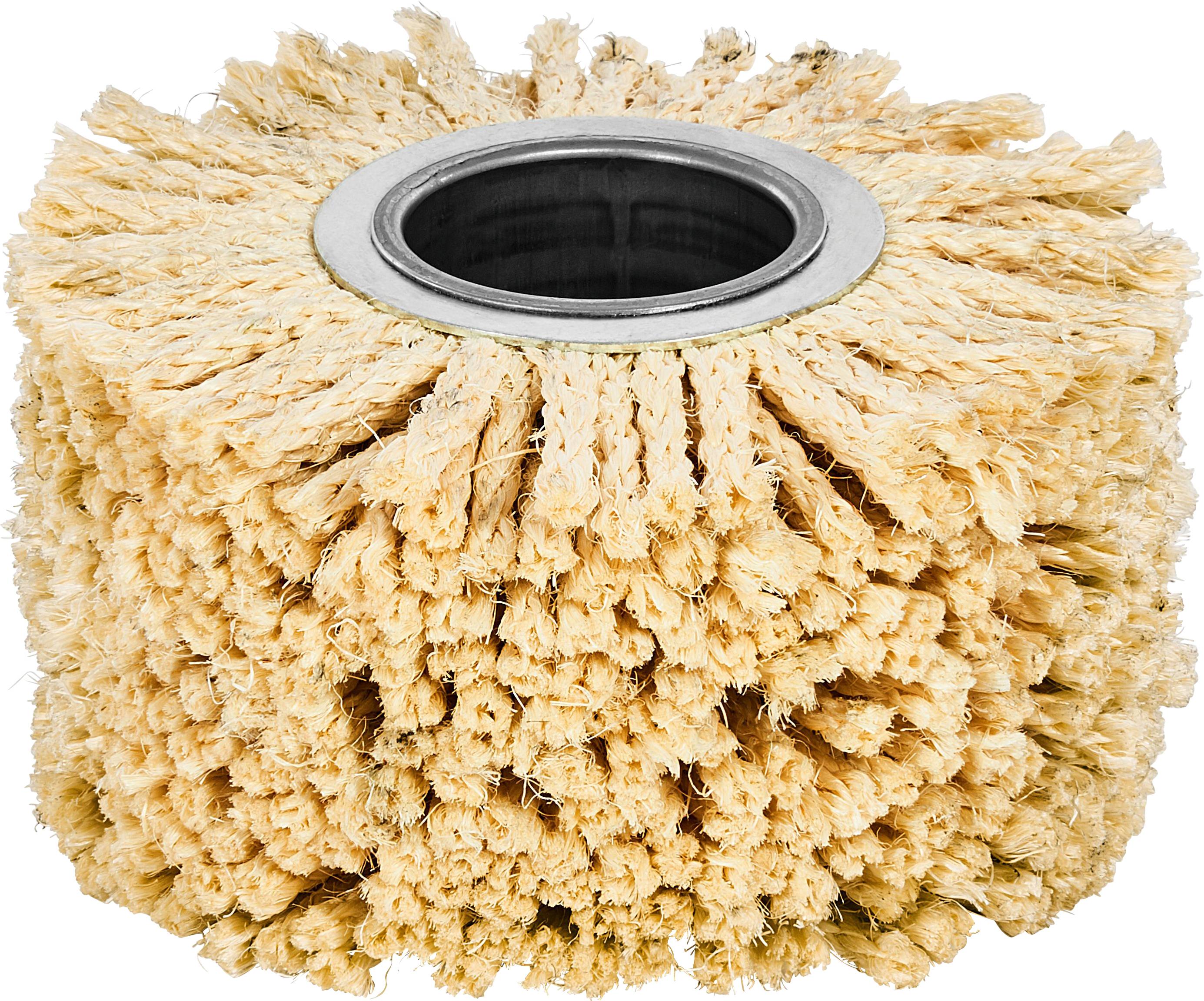 A round scrubbing brush with densely packed beige bristles and a metal center, used for cleaning surfaces effectively.