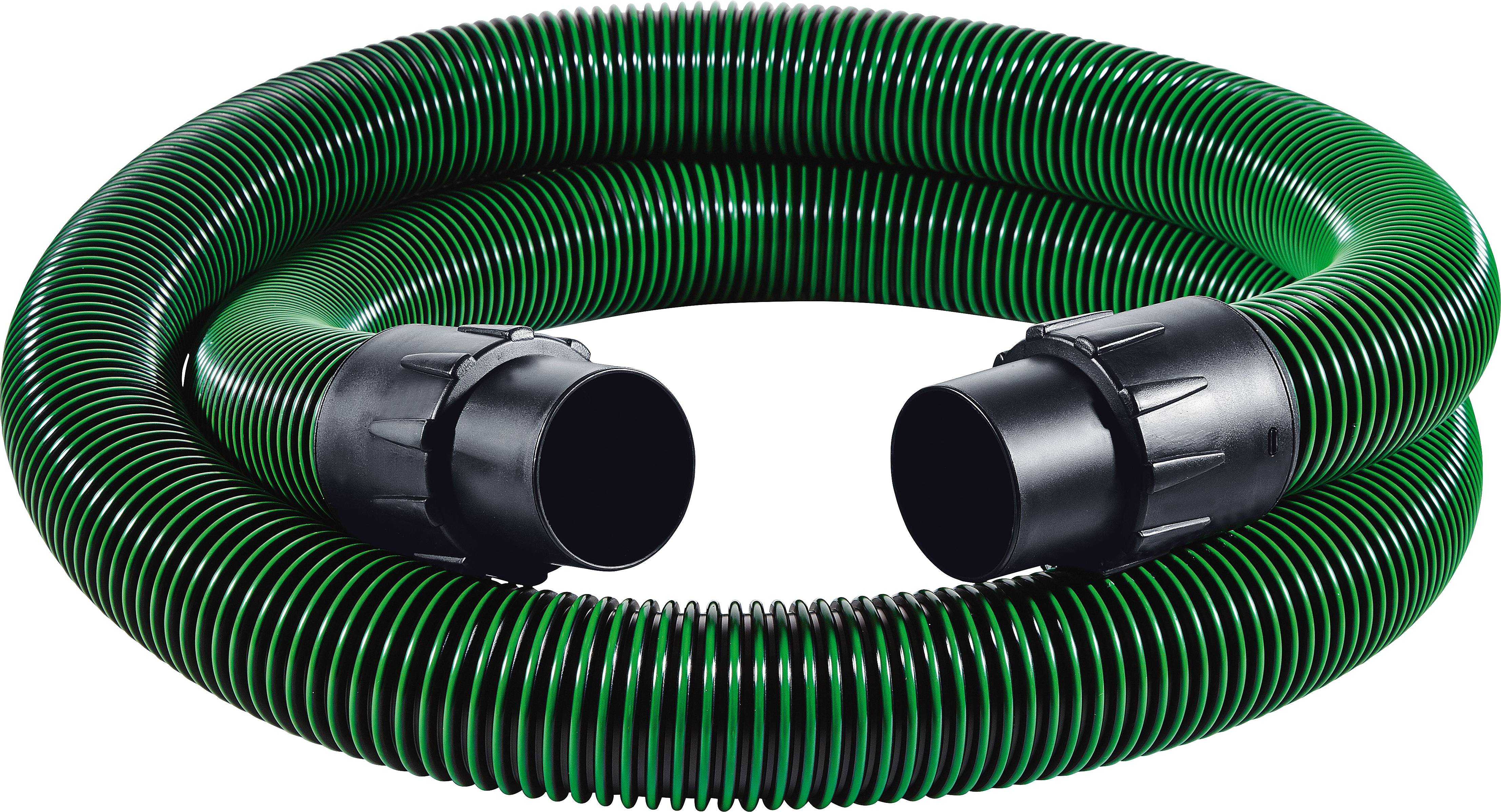 A green, ribbed hose with black connectors at both ends, coiled in a circular shape.