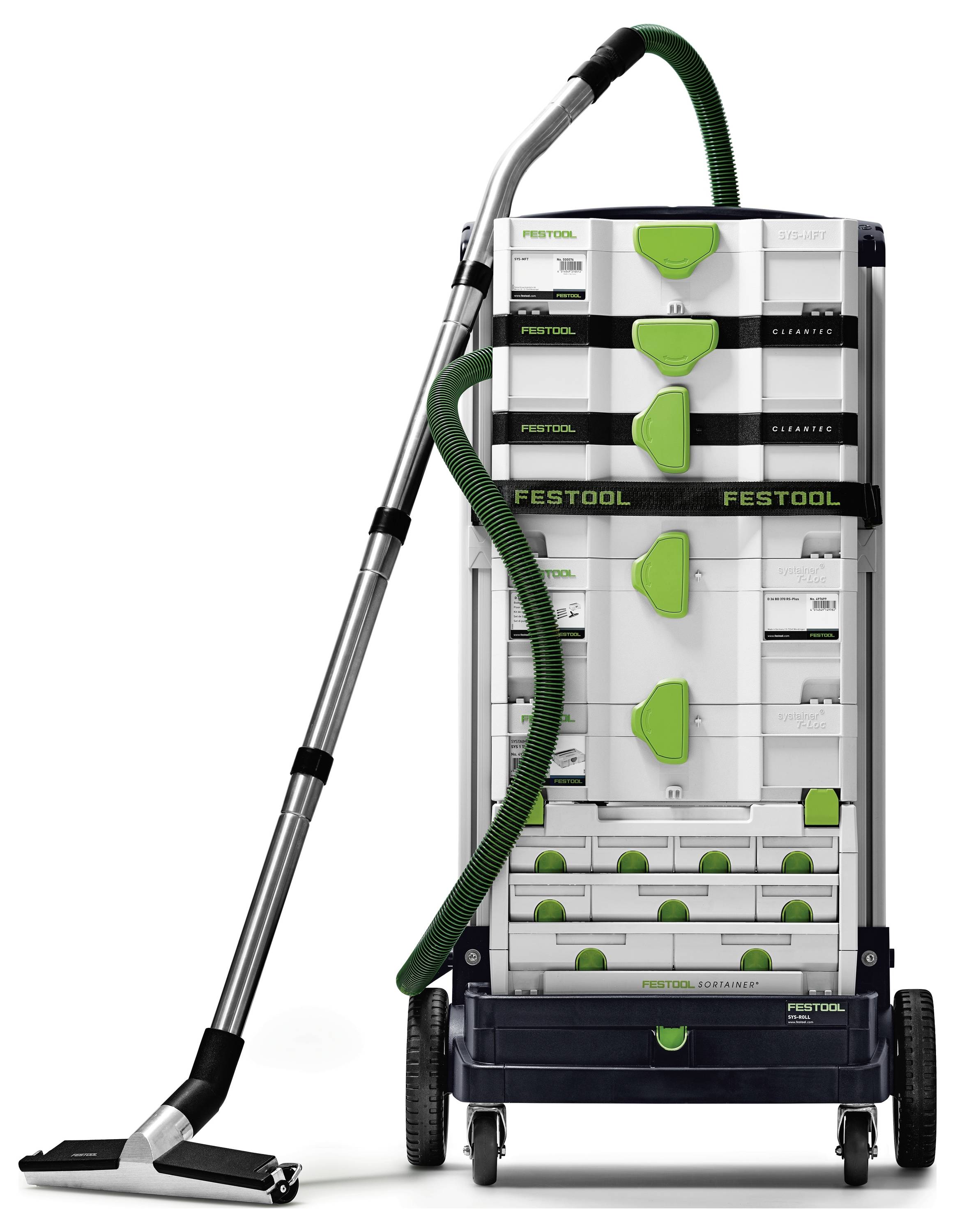 Portable vacuum cleaner with stackable drawers and green accents, featuring a long hose and nozzle. Suitable for compact storage and easy transport.