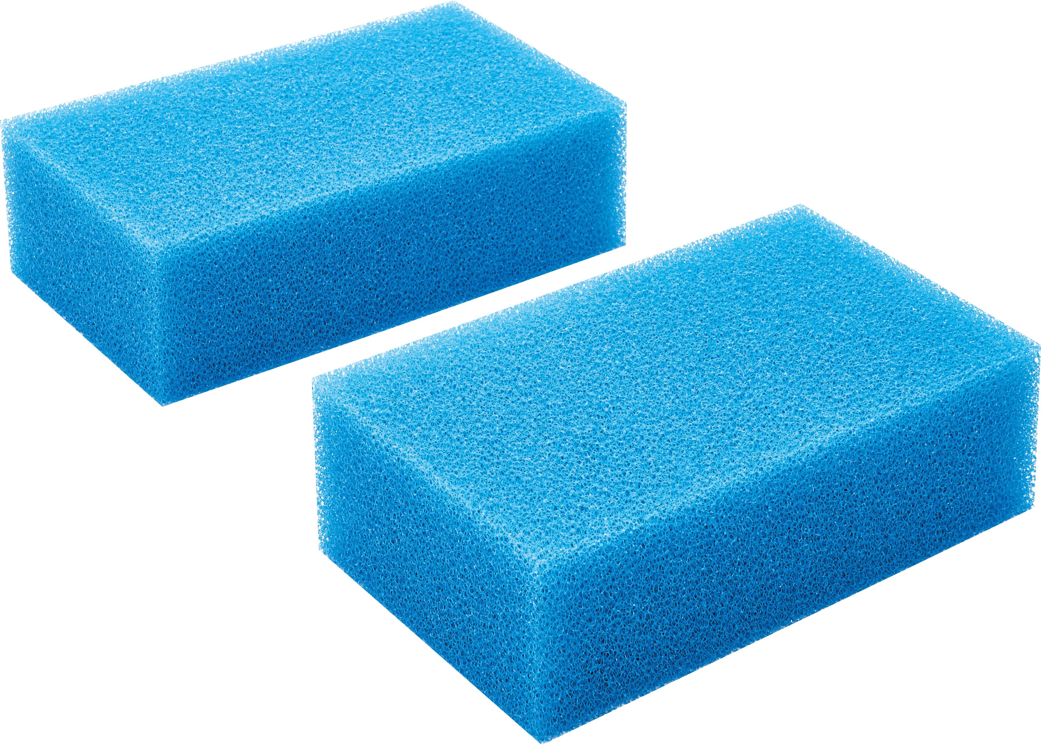 Two rectangular blue sponges with a textured surface, positioned diagonally with one sponge slightly behind the other.