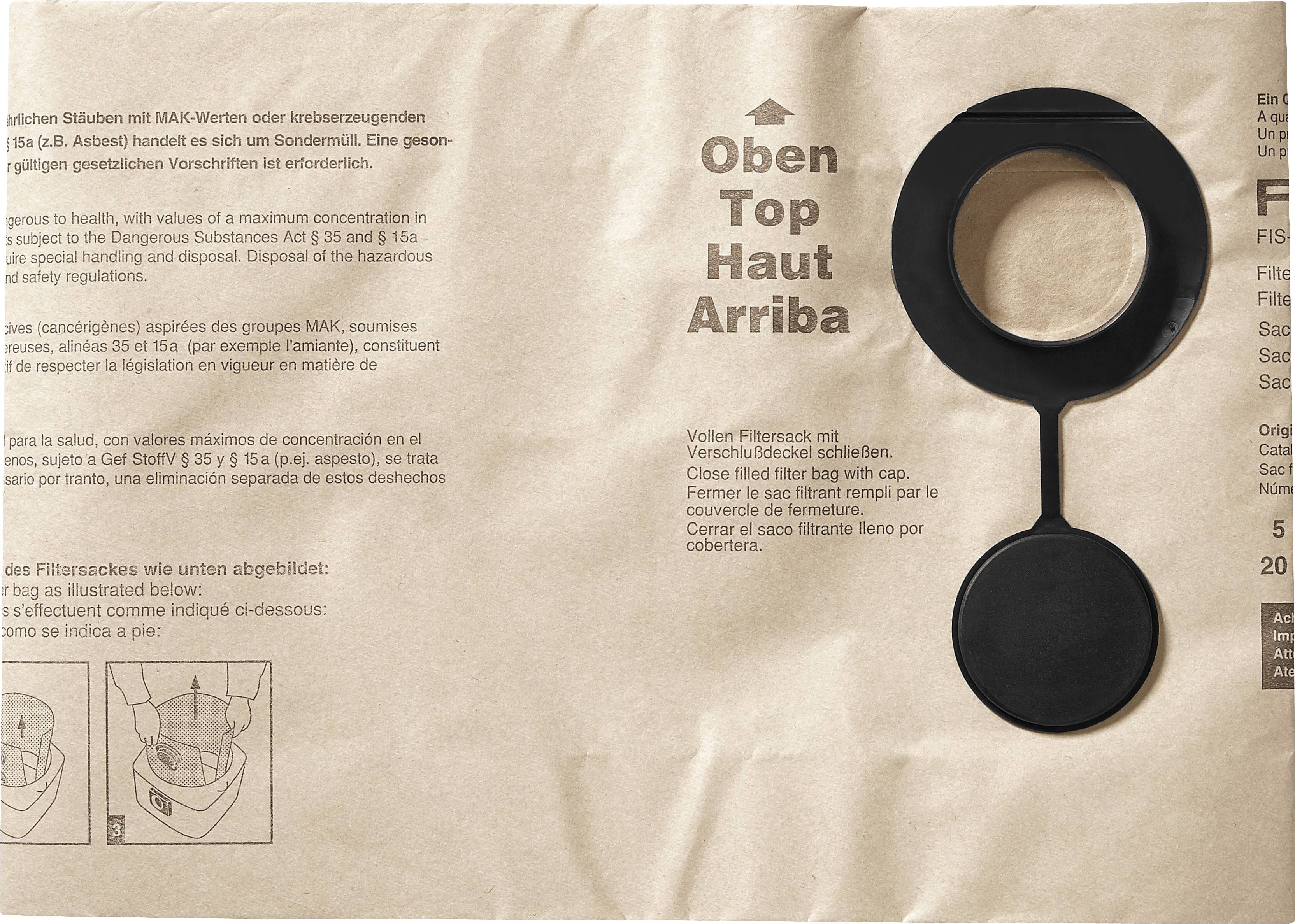 Bag with a black circle-tab for opening. Text includes 'Open Top' in multiple languages, and diagrams show how to open the bag.
