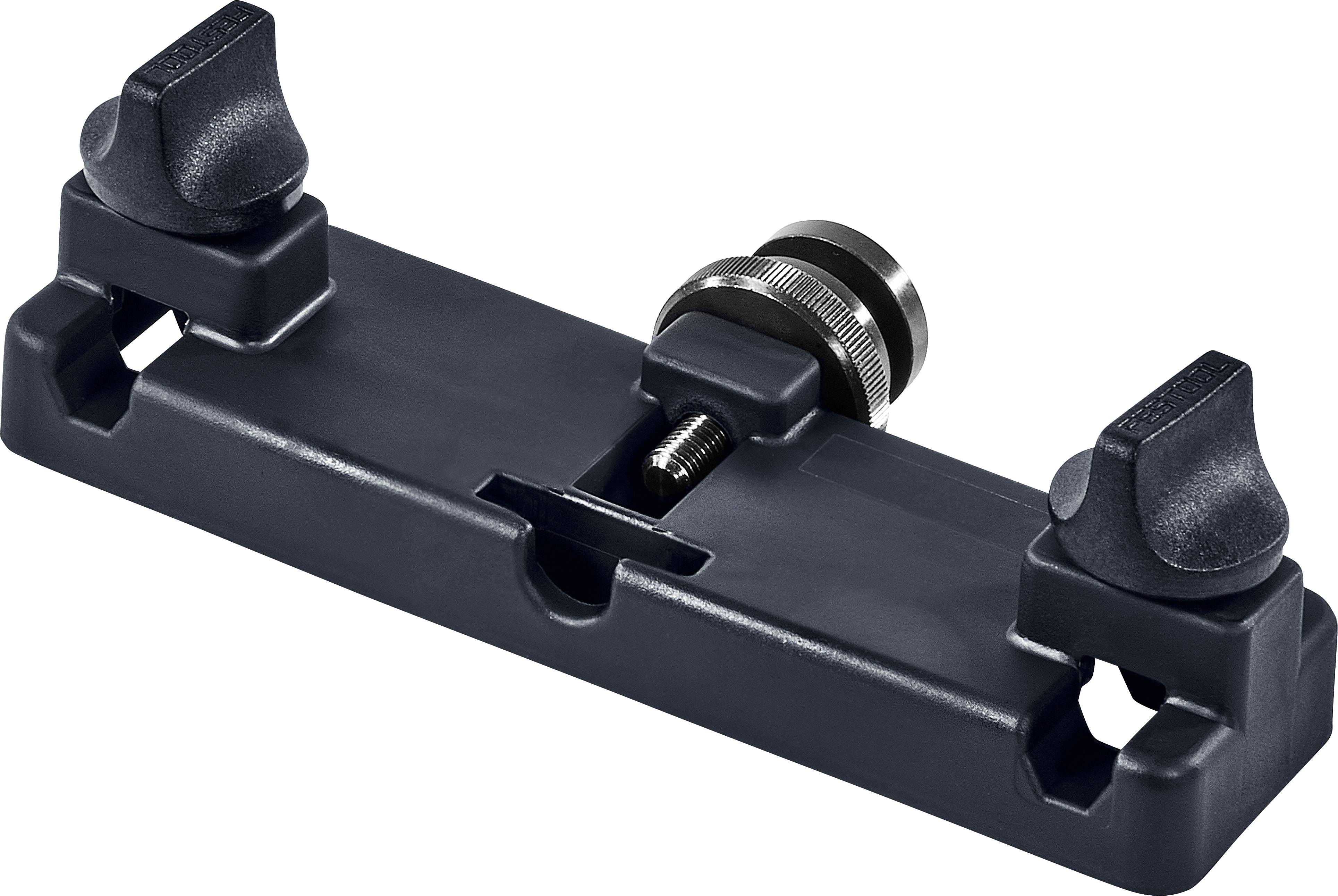 A black mounting bracket with two adjustable knobs and a central screw, likely used for securing equipment or tools.