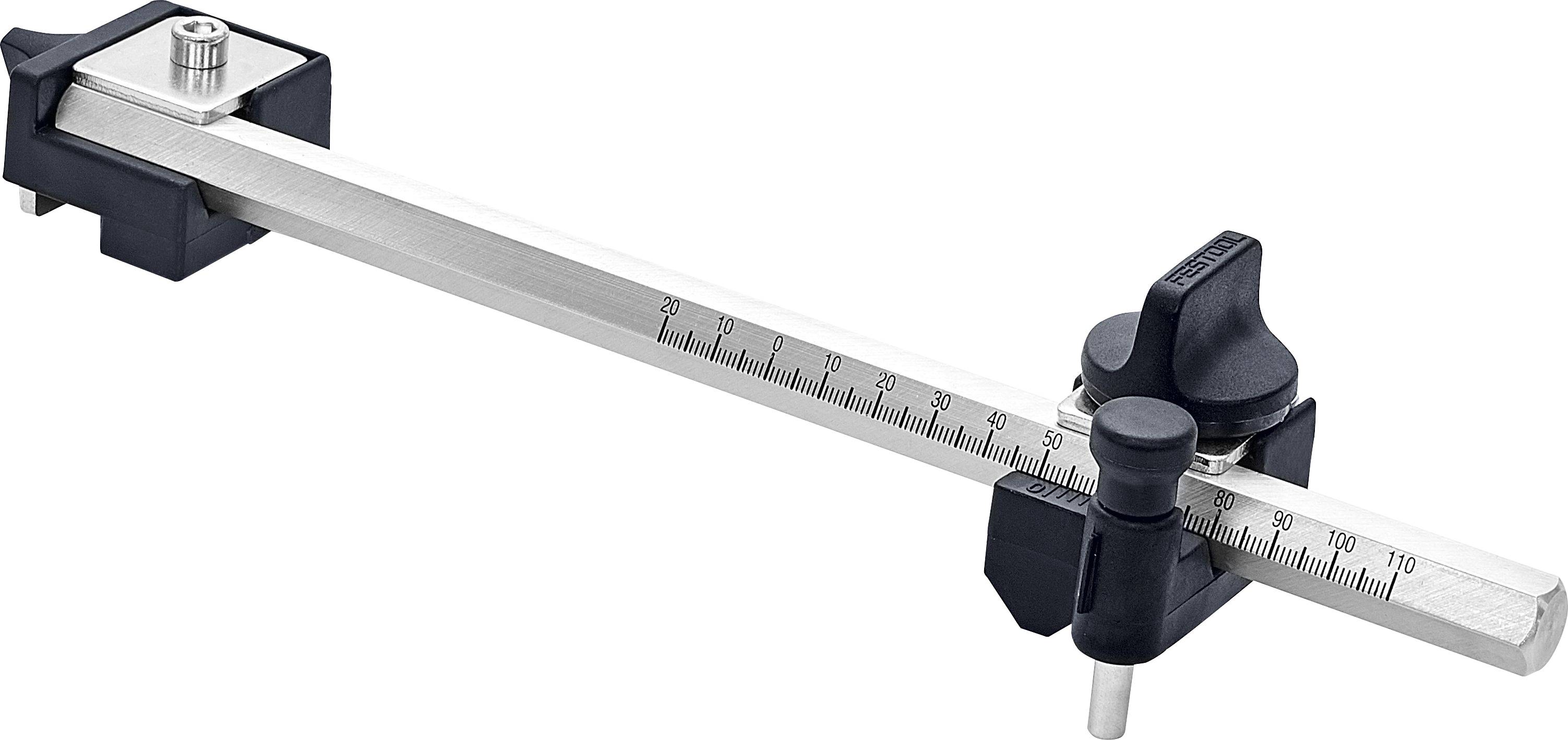 A metal marking gauge with a sliding ruler and adjustable knobs for measuring and marking wood or metal surfaces accurately.