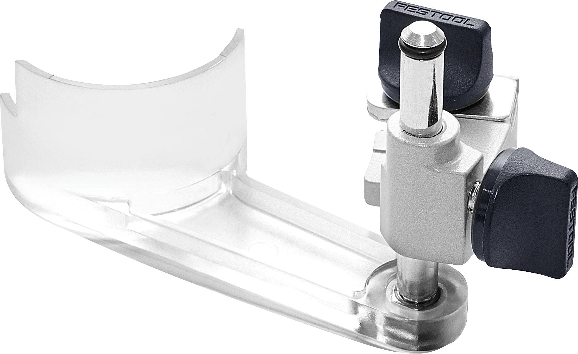 A metal and plastic tool attachment with a transparent guard and dark knobs, designed to secure onto a larger tool for added precision.