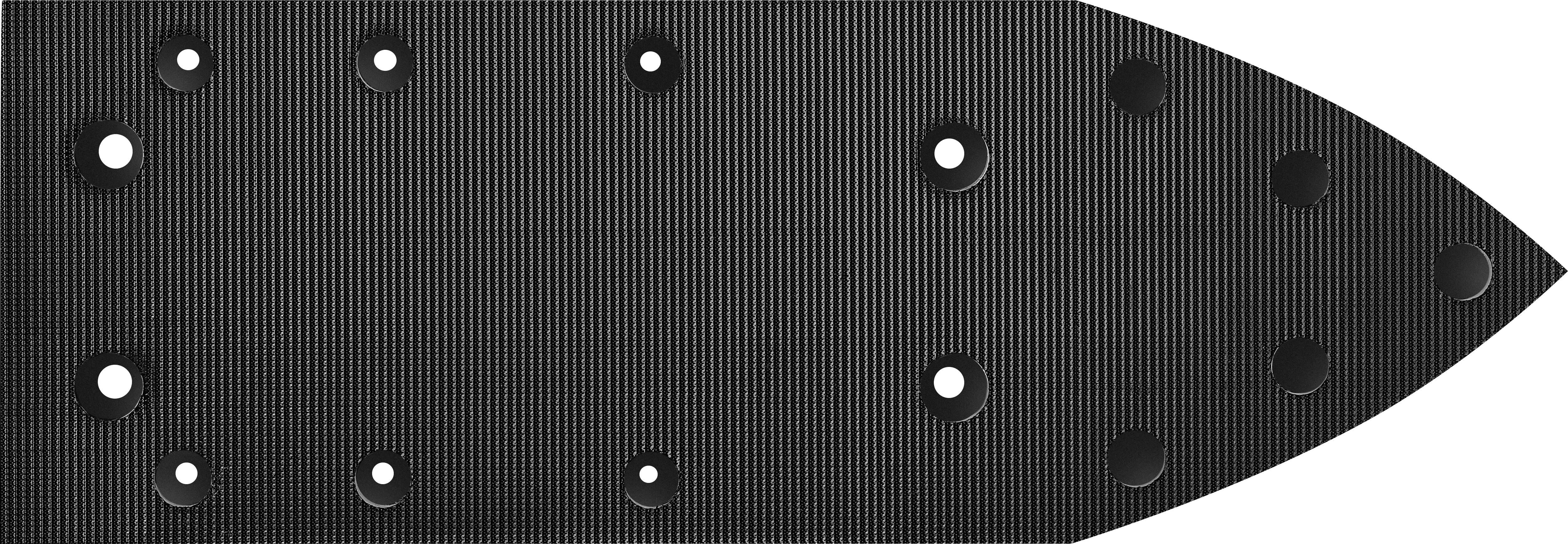A black, textured ironing board cover with visible vent holes for steam distribution.
