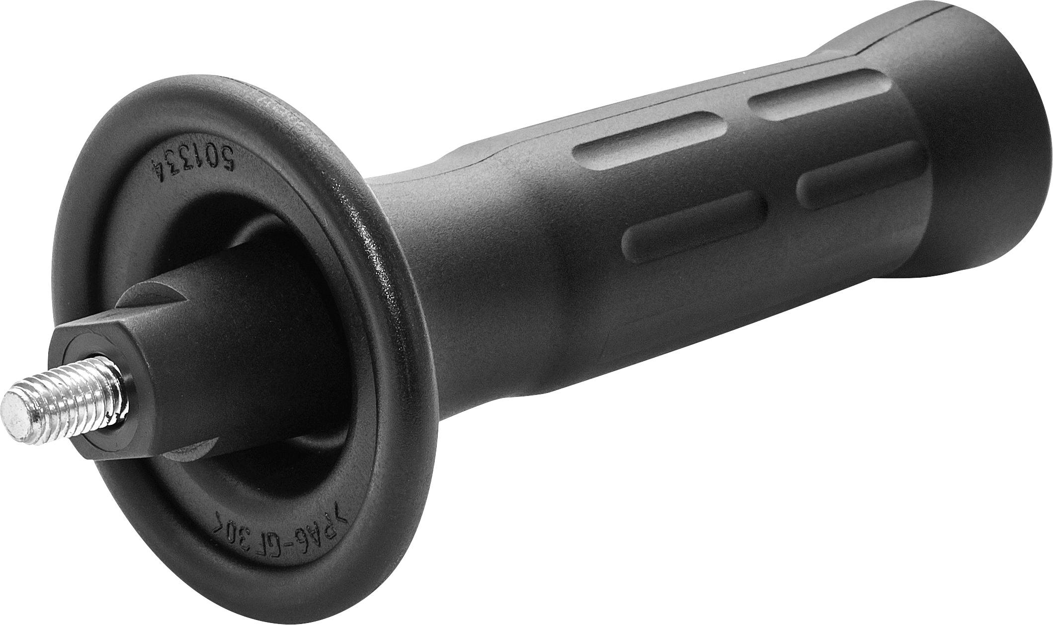 Black bicycle handlebar grip with a metal screw end, textured surface, and ergonomic design for secure, comfortable hand placement.