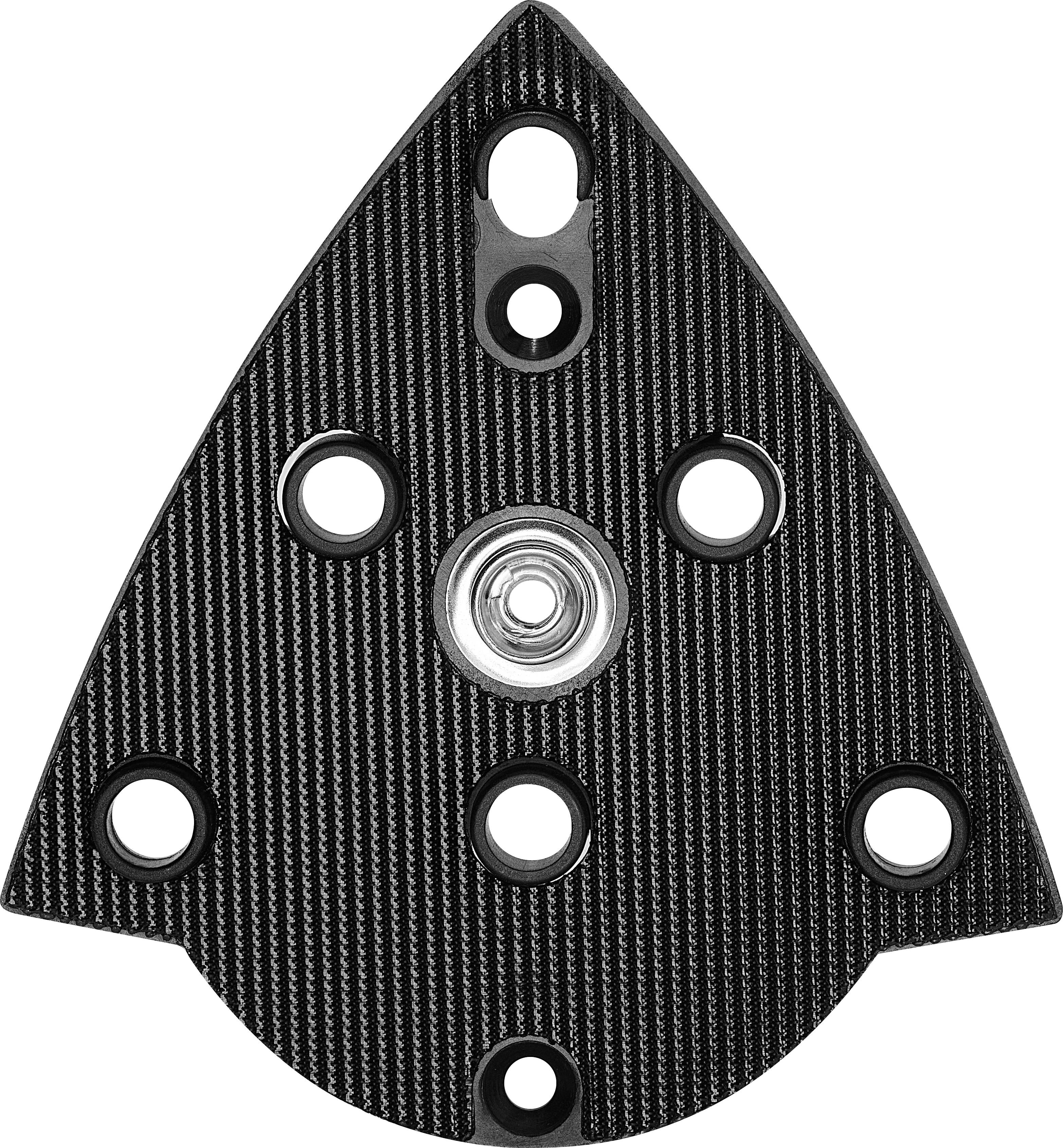Black textured triangular object with multiple circular holes and a central silver ring, resembling a sanding pad or similar tool component.