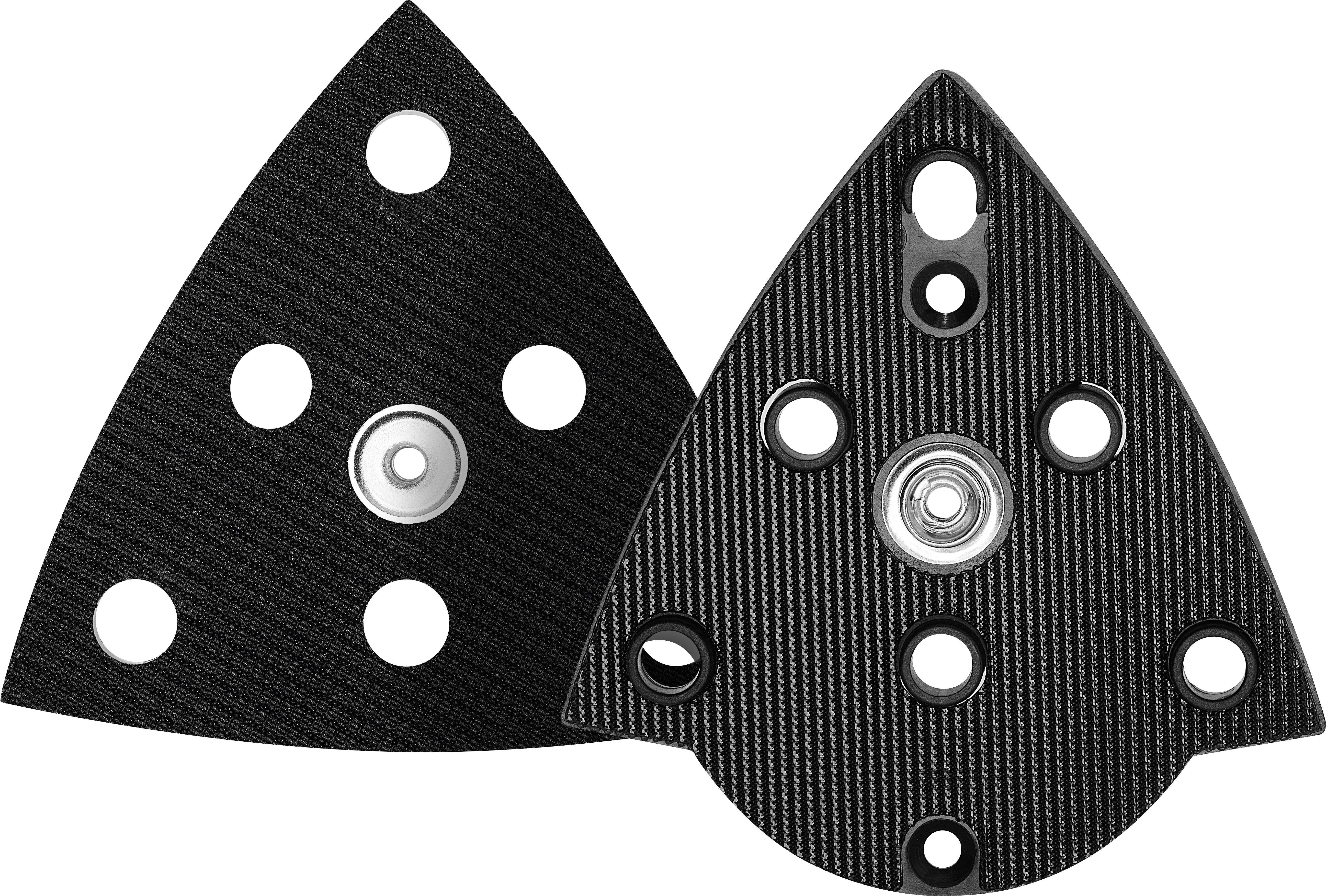 Two triangular sanding pads with multiple holes and textured surfaces, shown side by side, used for sanding and smoothing surfaces.