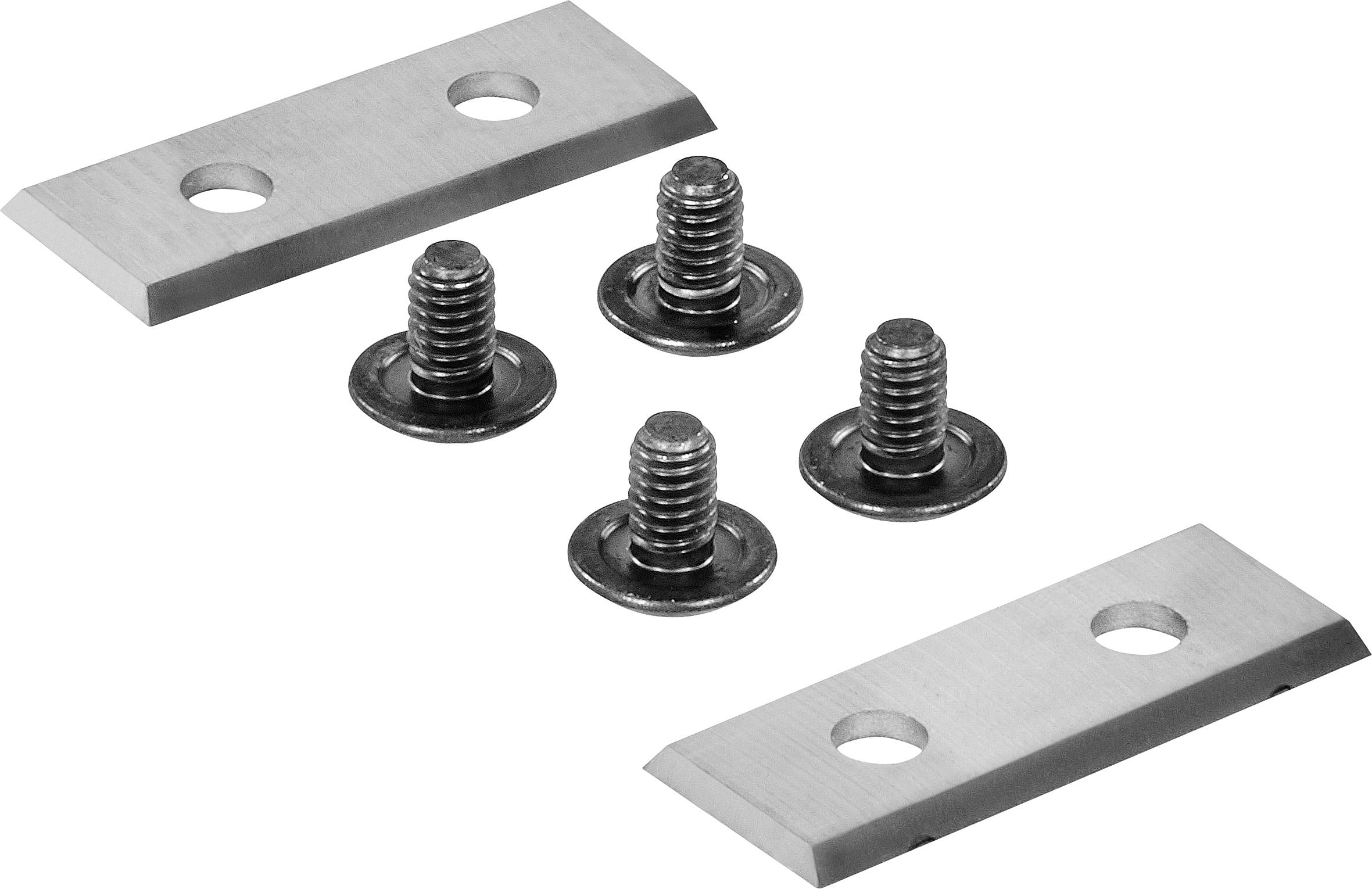 Two metal plates with holes and five screws on a white background, likely parts for assembly or mounting.