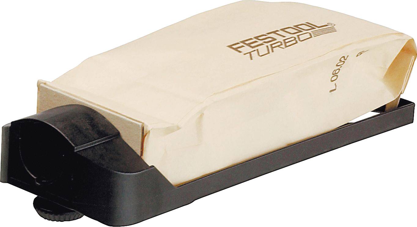 A beige dust bag labeled 'Festool Turbo' attached to a black plastic housing, designed for collecting dust from woodworking tools.