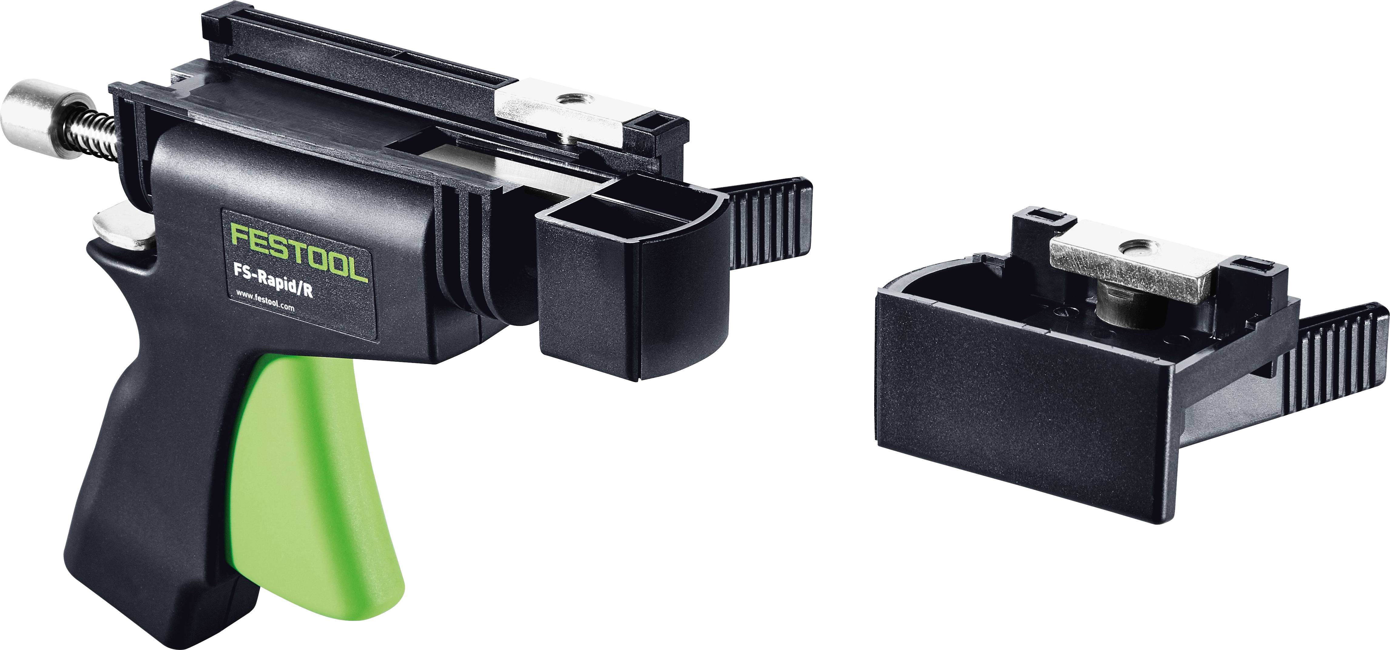 A black and green Festool FS-Rapid fastening tool with detachable component, used for securing items during carpentry or construction tasks.