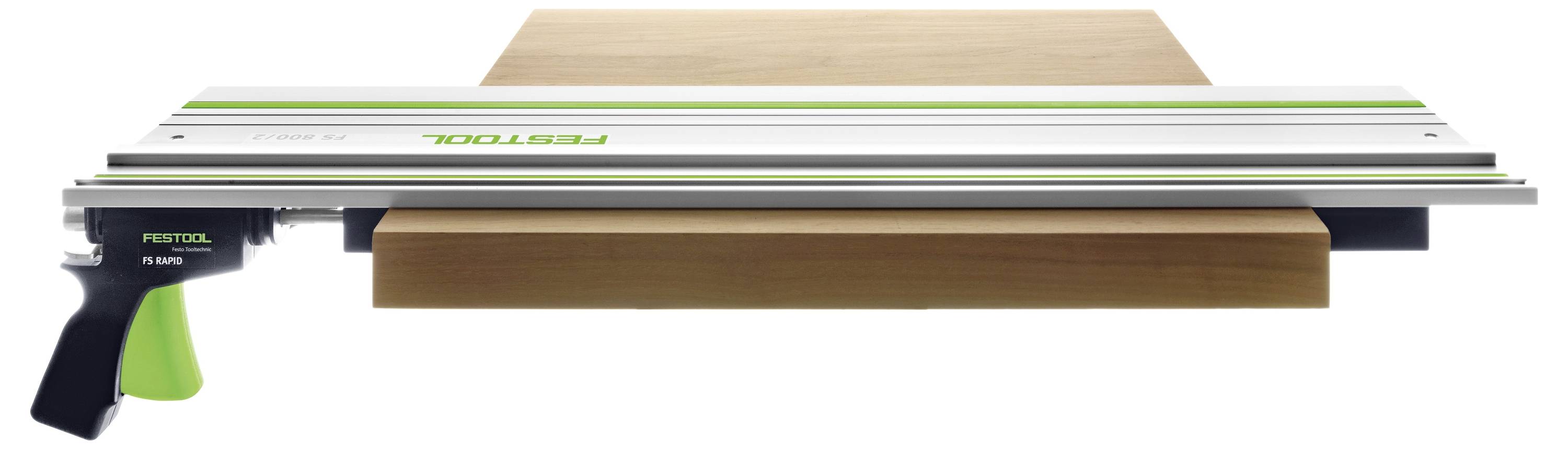 A Festool guide rail system positioned over a wooden board, showcasing precision cutting capacity with ergonomic handle design.