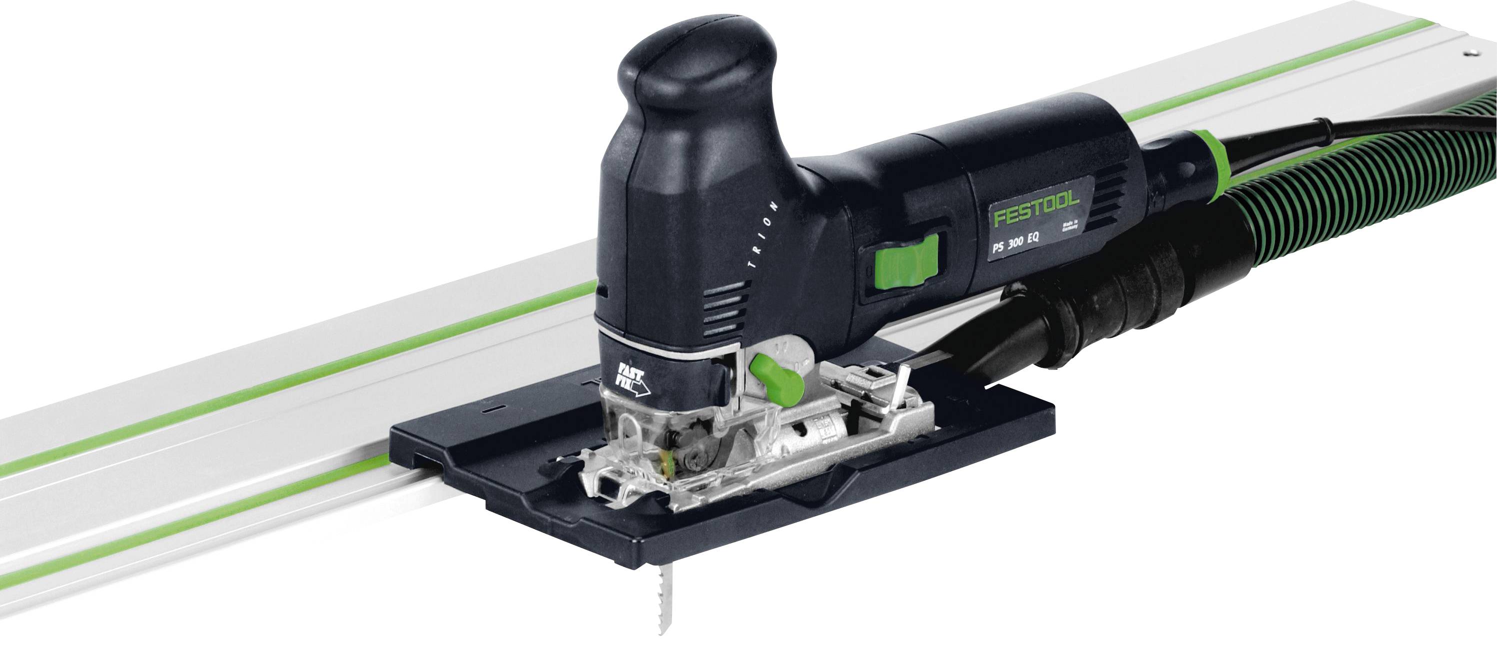 'Festool PS 300 EQ' jigsaw on a guide rail, showcasing precision cutting tool.