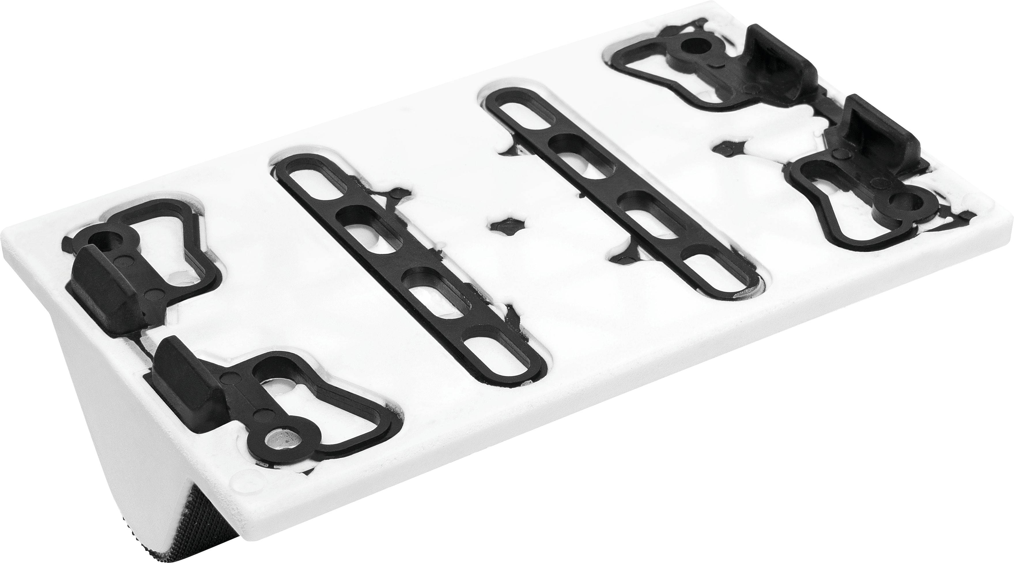 A white plastic bracket with black clips and slots, designed for securing components, shown from an angled view.