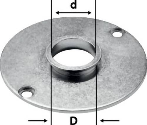 A silver metal flange with two screw holes, marked with 'd' for inner diameter and 'D' for outer diameter, shown from a side angle.