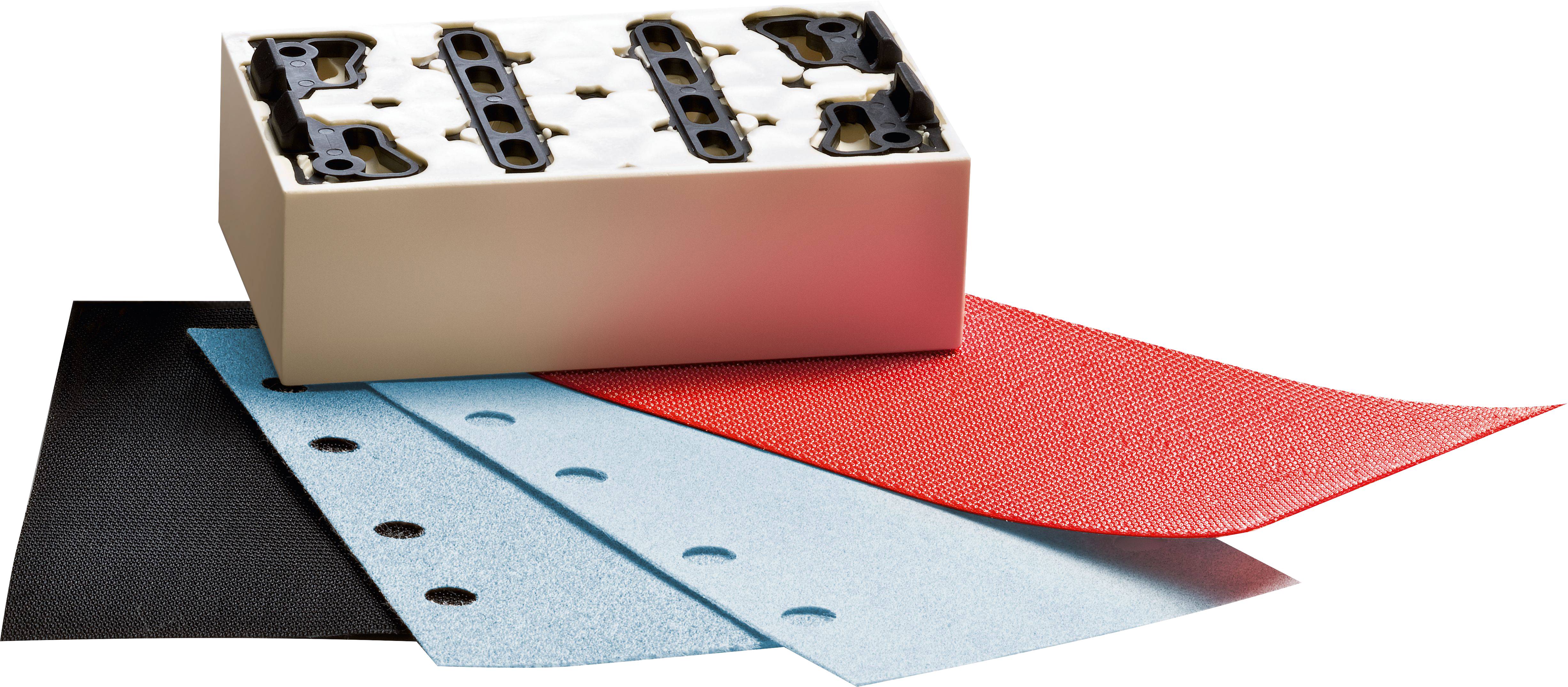 A set of colored sandpaper sheets in red, blue, and black fanned out beneath a beige rectangular container with circular cutouts.
