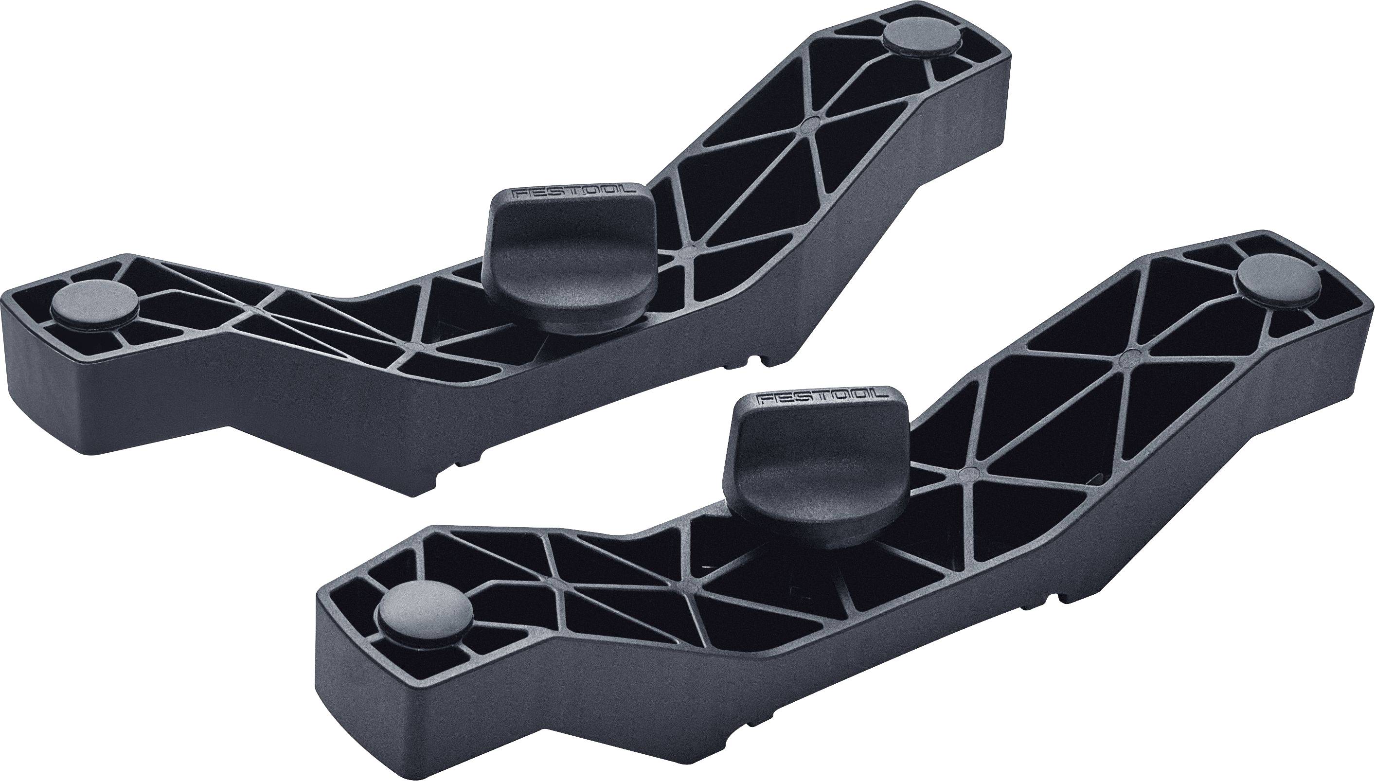 Two black plastic brackets with geometric patterns and central knobs, designed for wall mounting or support, placed on a white background.