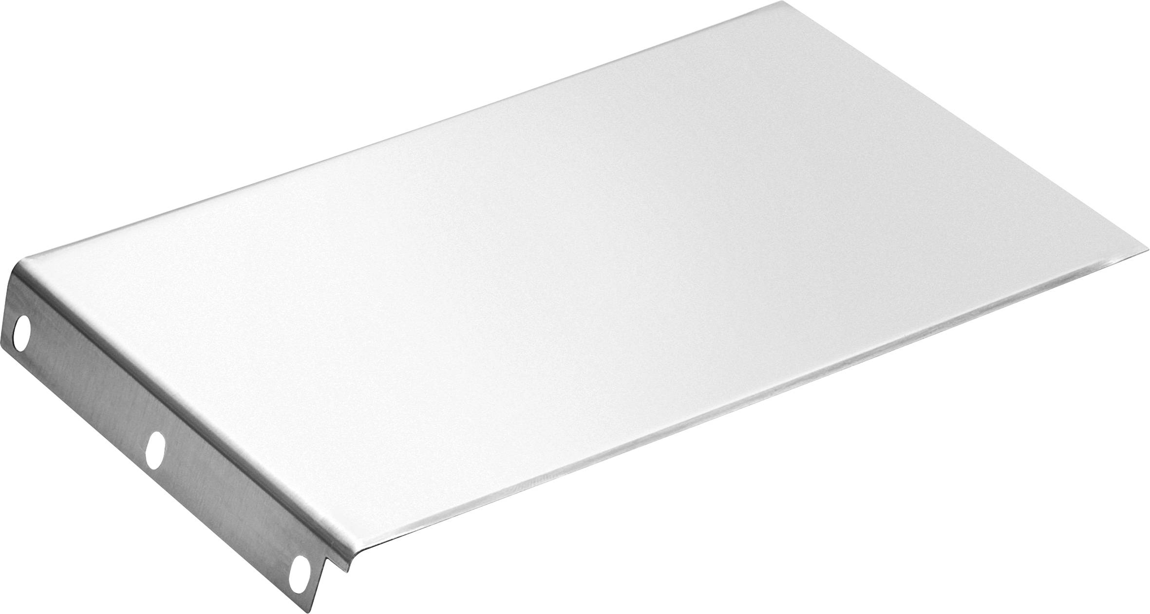 A flat, rectangular metal sheet with three holes on the left side, likely used for shelving or structural support.