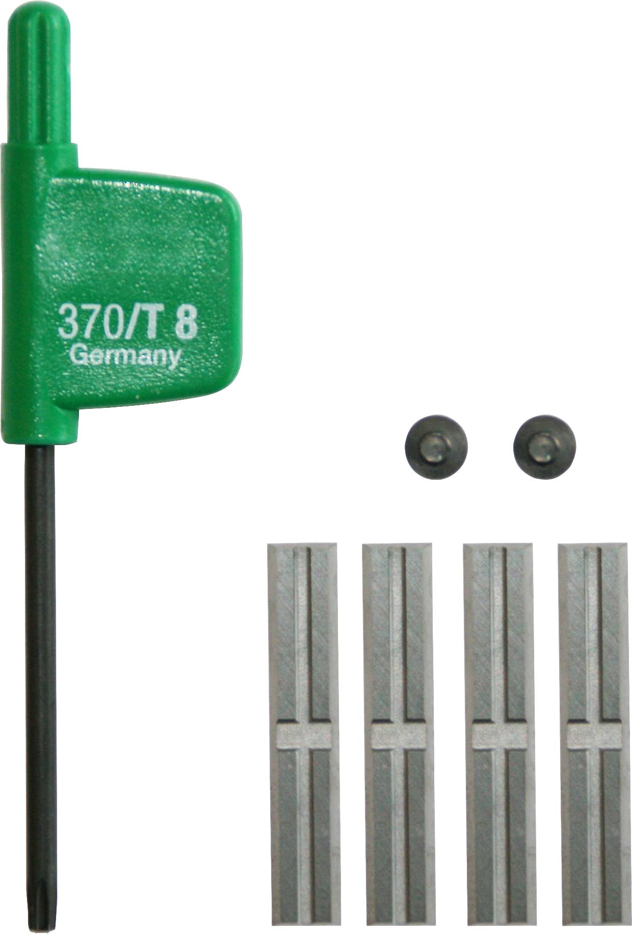 Green handle hex key labeled '370/T 8 Germany' with two small discs and four metal clips below.