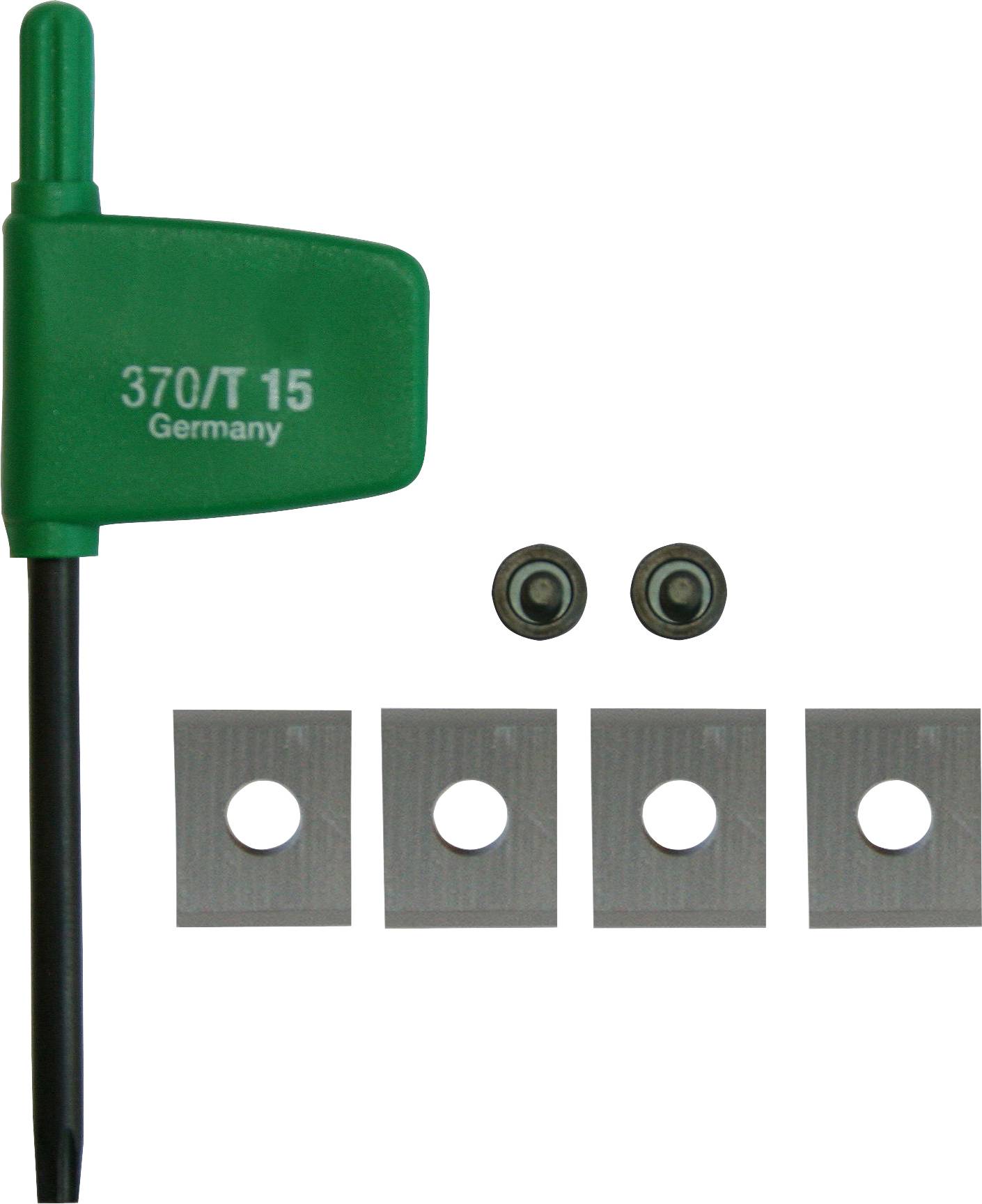 Green Torx screwdriver labeled '370/T 15 Germany' with four metal blades and two screws arranged below it.
