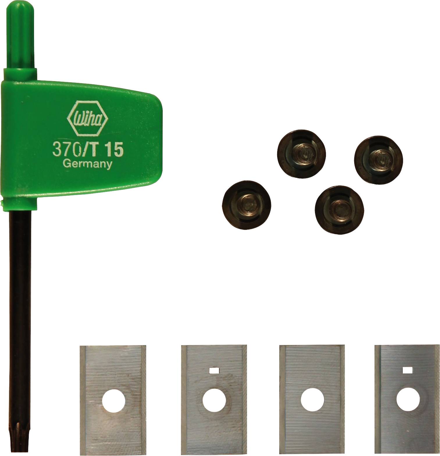 A green-handled T15 screwdriver labeled 'Wiha 370/T 15 Germany,' alongside four screws and four rectangular metal pieces with central holes.