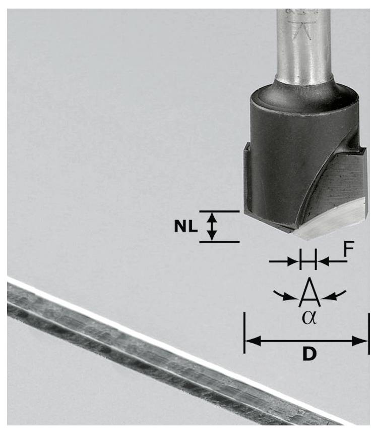 A router bit cutting into a reflective metal surface, showing measurements for cutting depth, angle, and diameter. The bit is labeled with variables NL, F, A, and D.