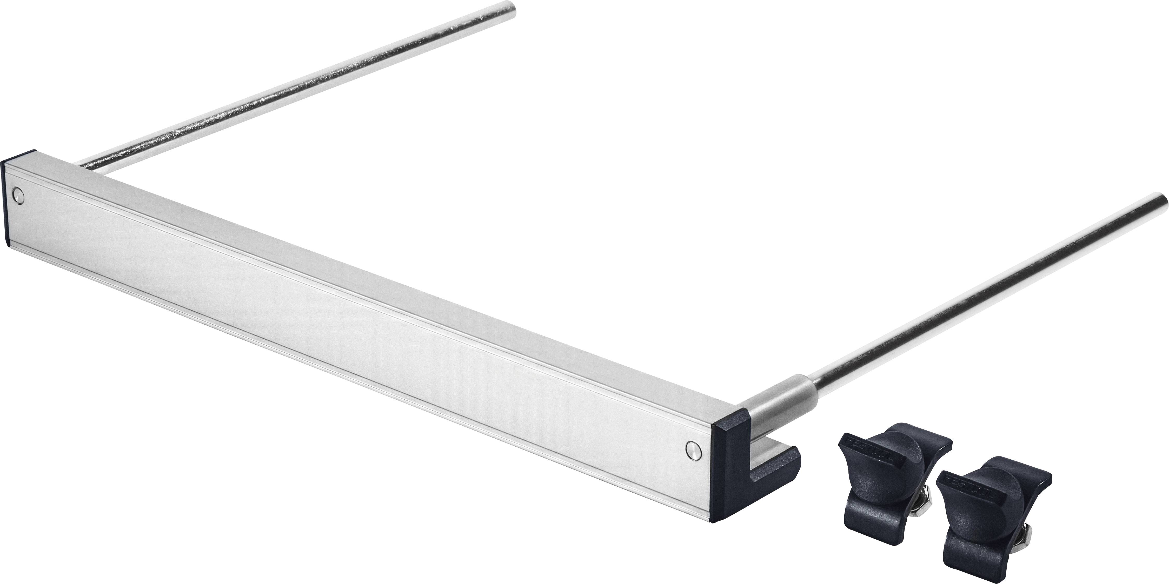 Metal handrail support with two long rods and two black plastic grips, likely used for stability or as part of a mounting system.