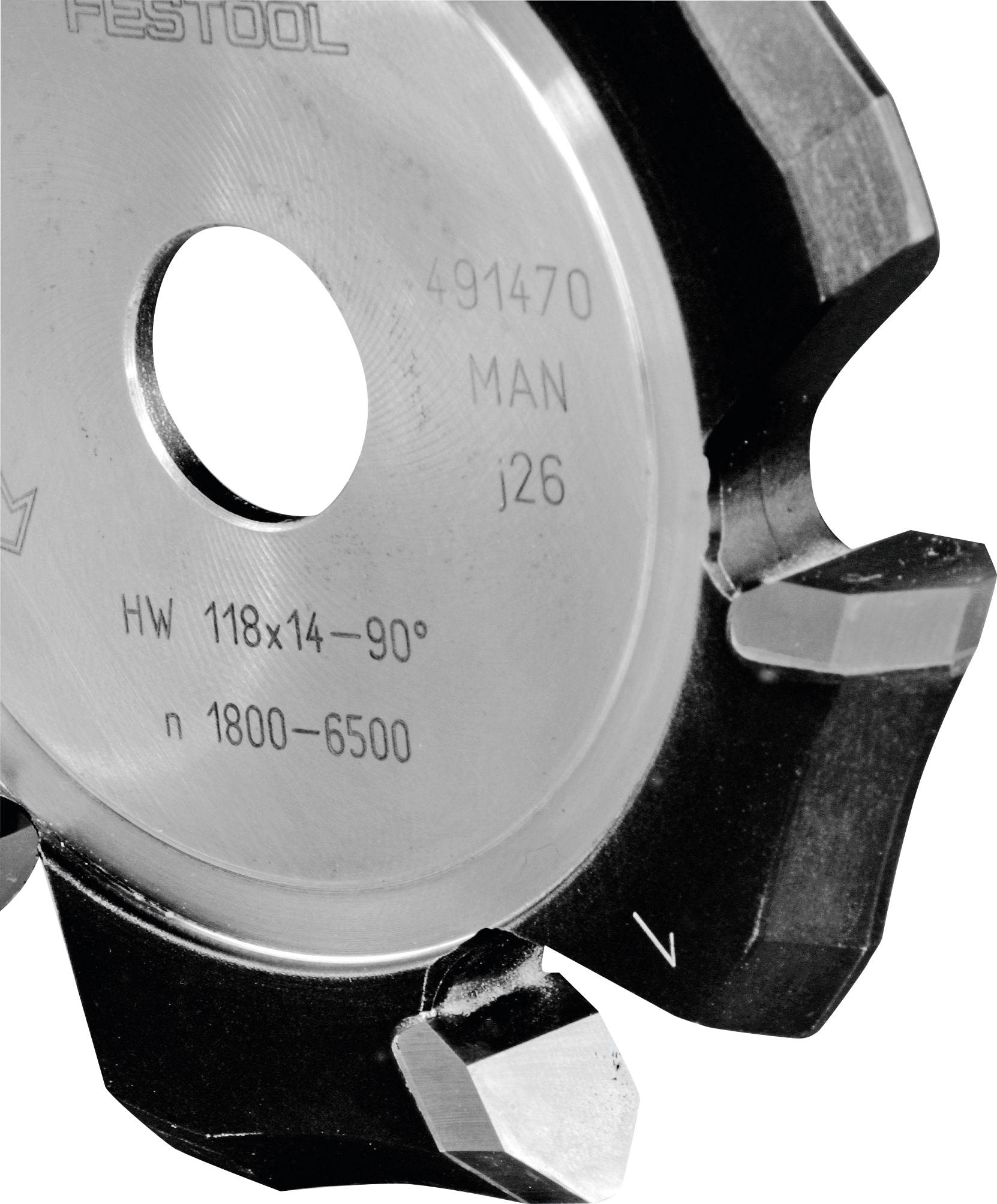 Close-up of a Festool circular saw blade showing the model number 491470, suitable for manual use, with a range of 1800–6500 RPM.