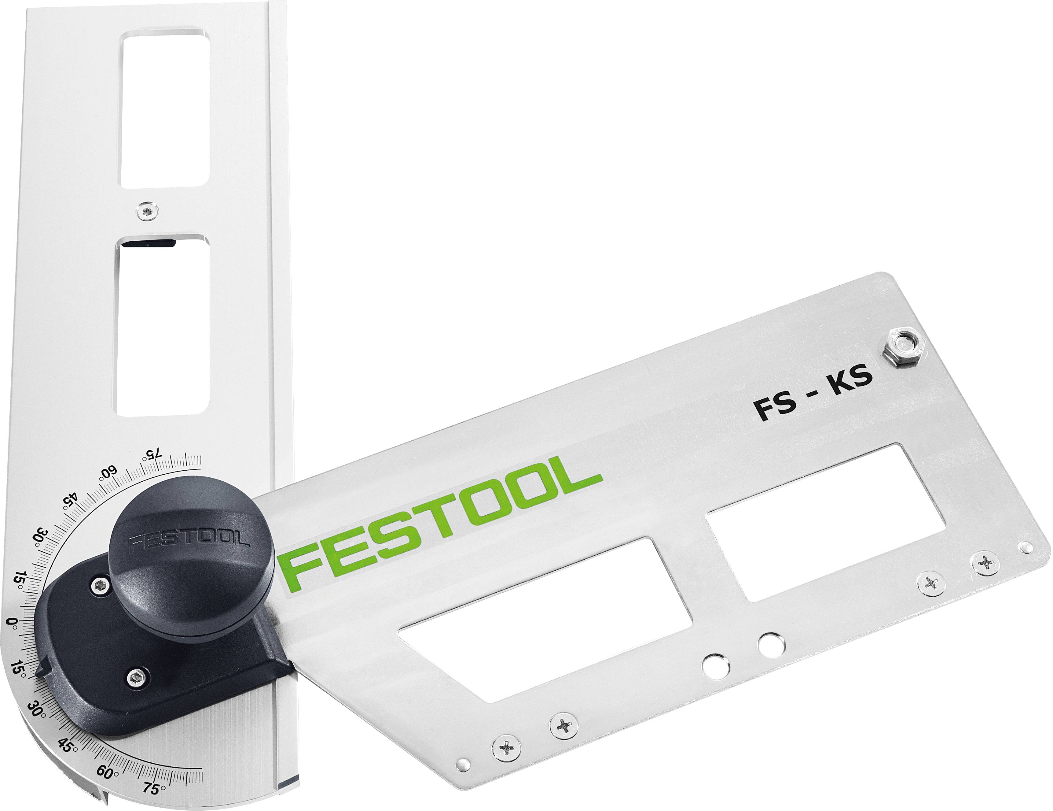 Festool FS-KS angle stop tool with precise adjustment gauge, used for miter and cross-cutting with guide rails.