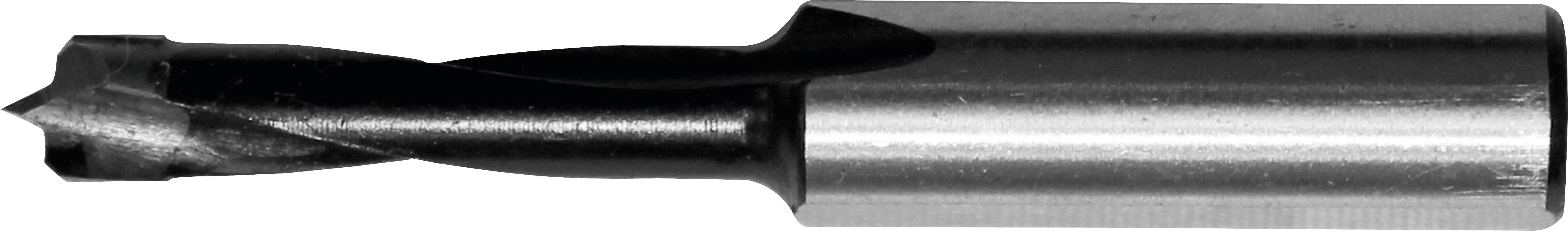 A metal drill bit with a cylindrical shank and a serrated tip, designed for cutting through hard materials.