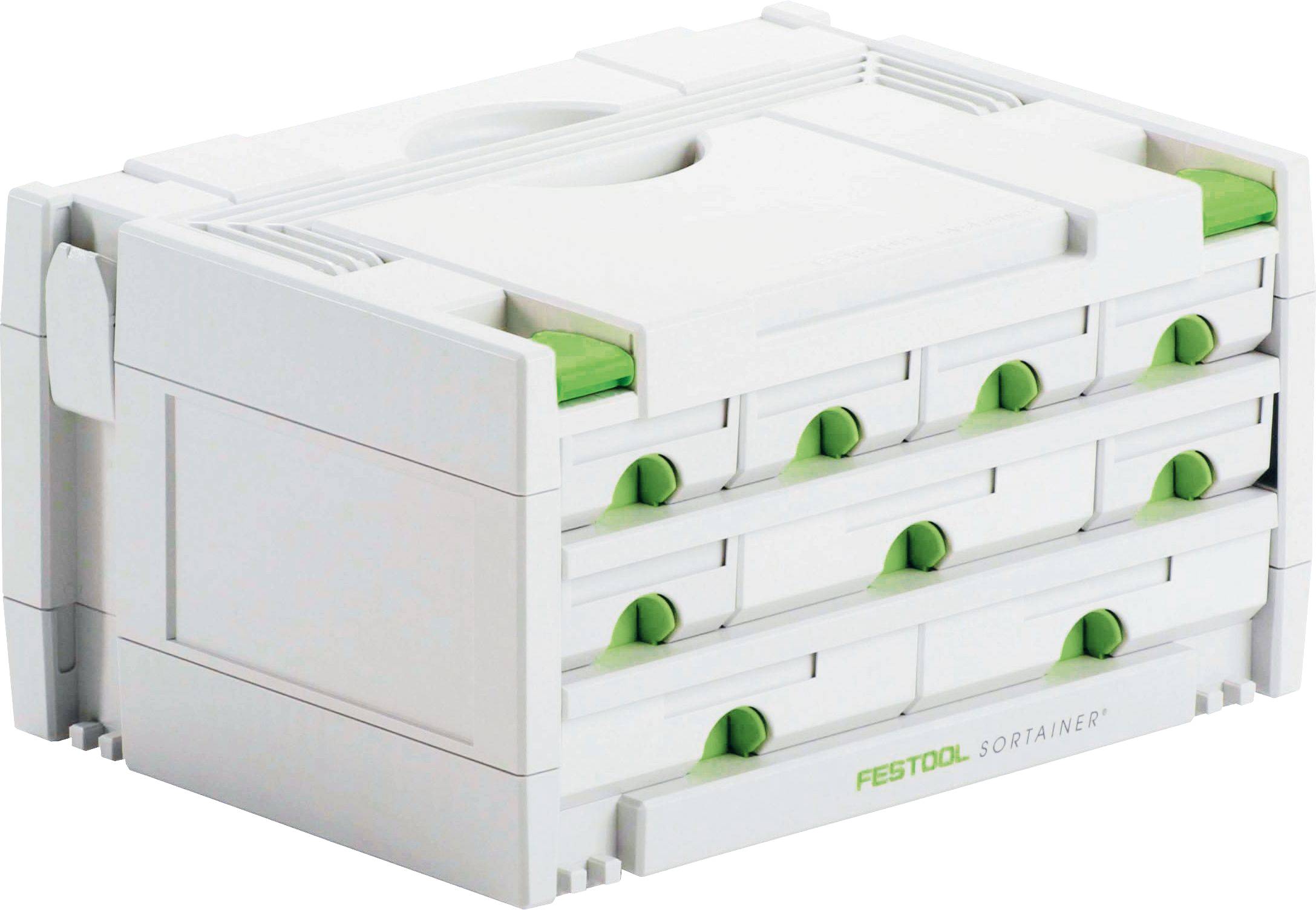 A white Festool storage box with three drawers, each with green handles, used for organizing tools and accessories.