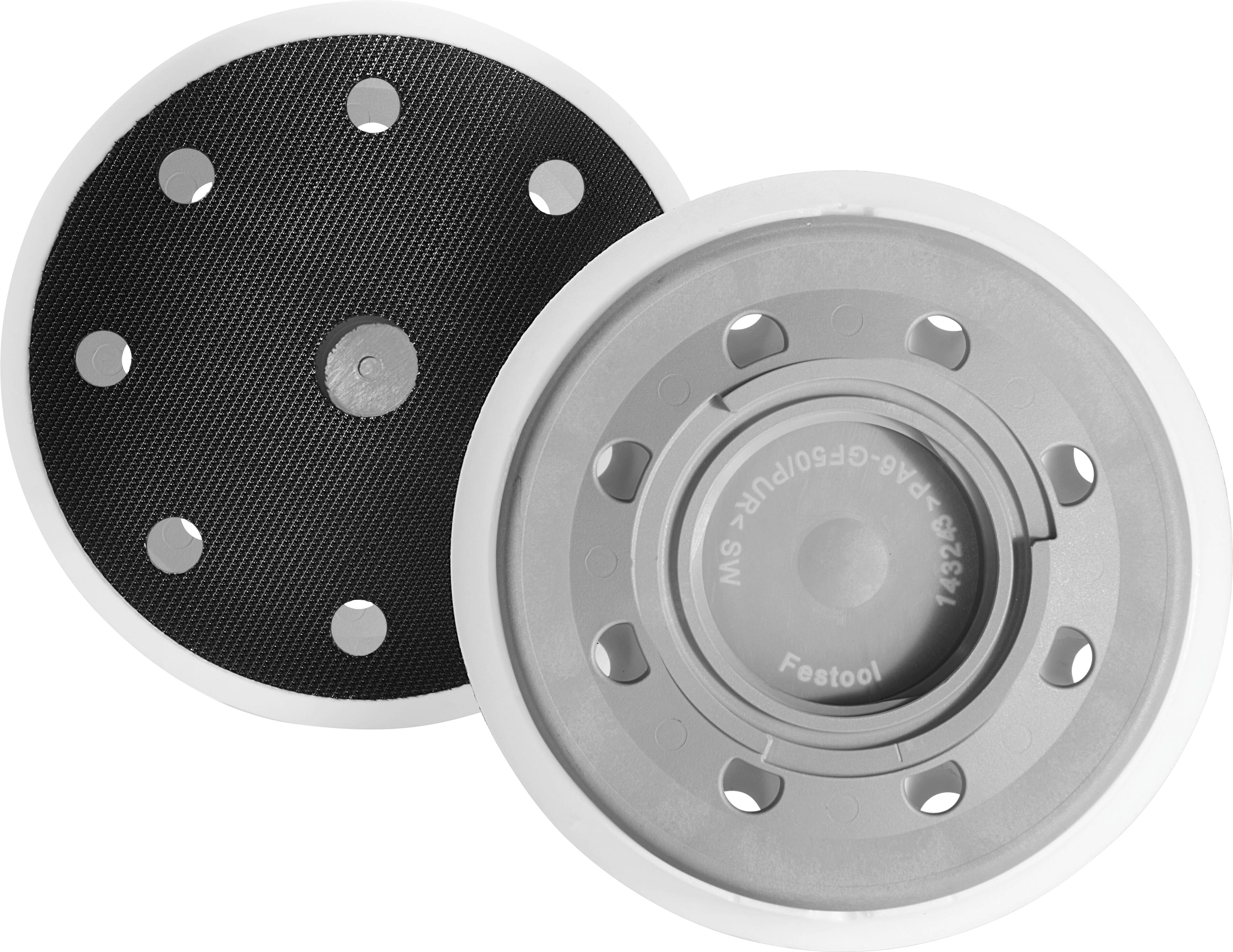 Two round, gray Festool sanding pads, one showing a textured surface with hook and loop fasteners, the other displaying a smooth mounting side.