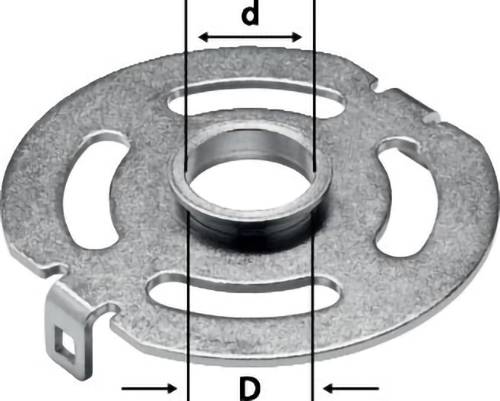 A circular metal component with a large central hole (D) and three smaller cut-outs with a smaller central raised element (d).
