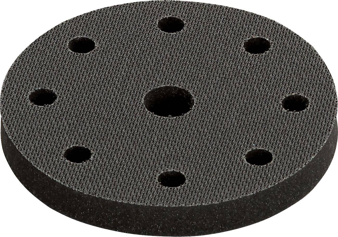 A black, round sanding pad with multiple circular holes arranged symmetrically. The surface is textured, designed for sanding tools.