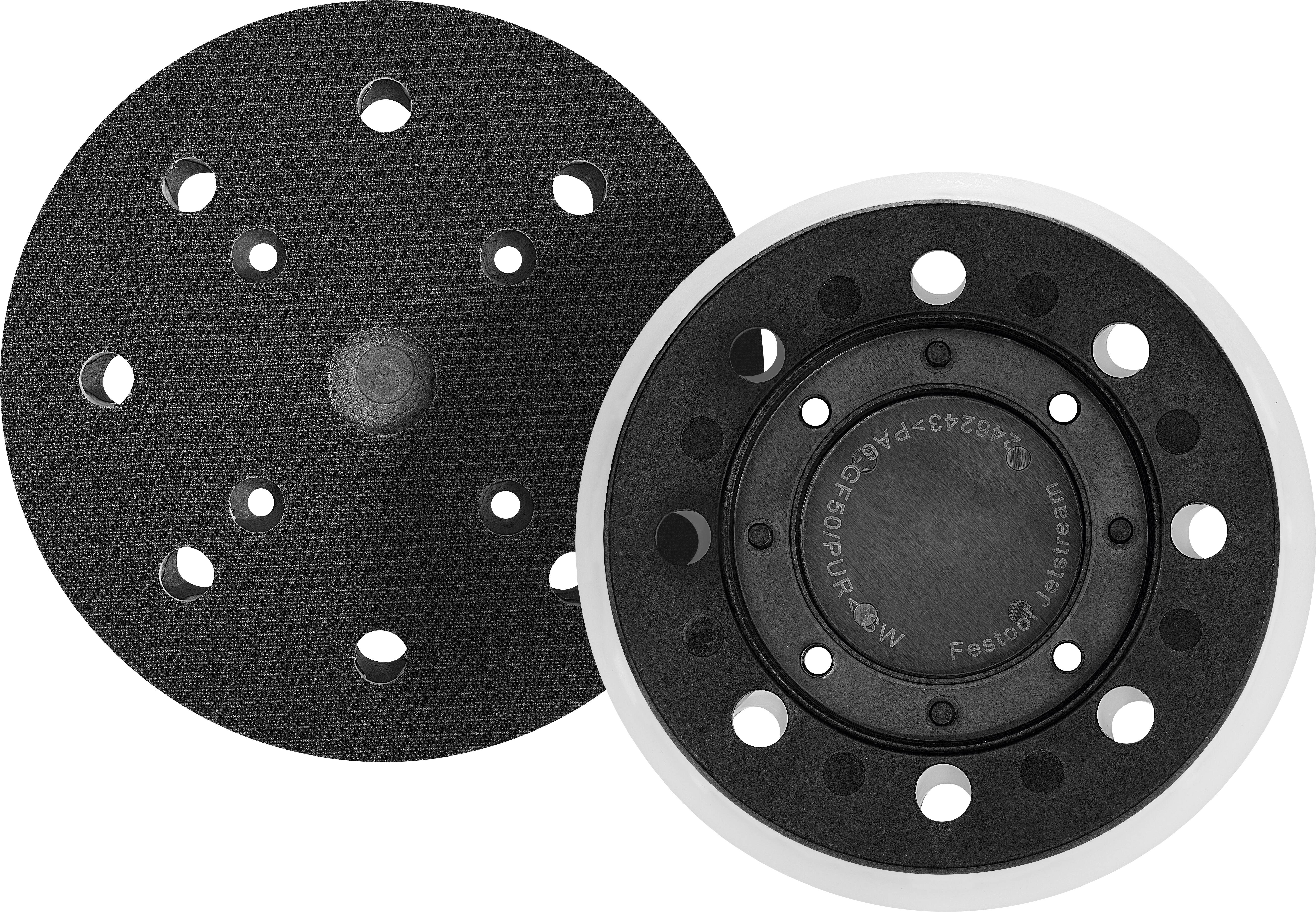 Two black circular sanding pads with multiple holes, one tilted and overlapping the other, on a white background.