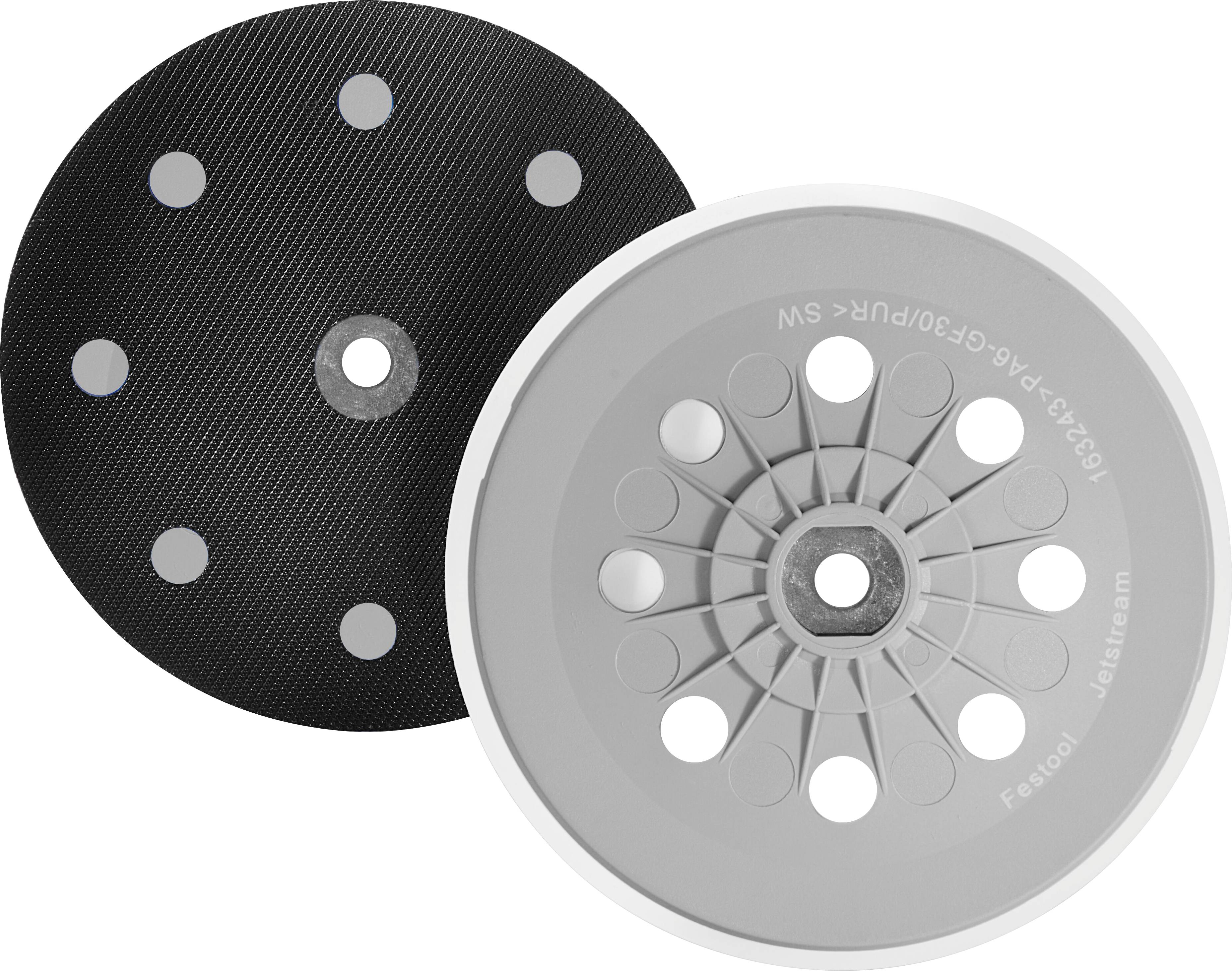 Black disc with perforations and a gray circular pad with radial cutouts; both are accessories for advanced sanding equipment.