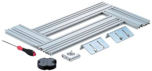 Aluminum frame and hardware kit including rods, brackets, screws, and a screwdriver for assembling a structural support.