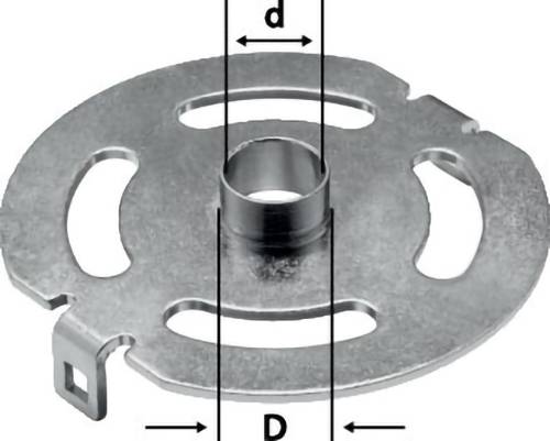 A metal disk with a central cylindrical hub, three large cutouts, and a labeled gap. Arrows show inner and outer diameter measurements 'd' and 'D'.