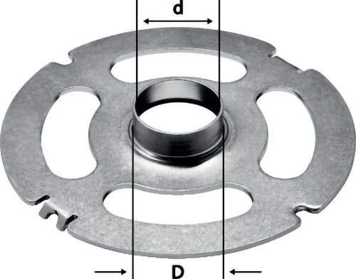 A metal disc with a central hole and three oval cutouts. Arrows with 'd' and 'D' indicate inner and outer diameters.