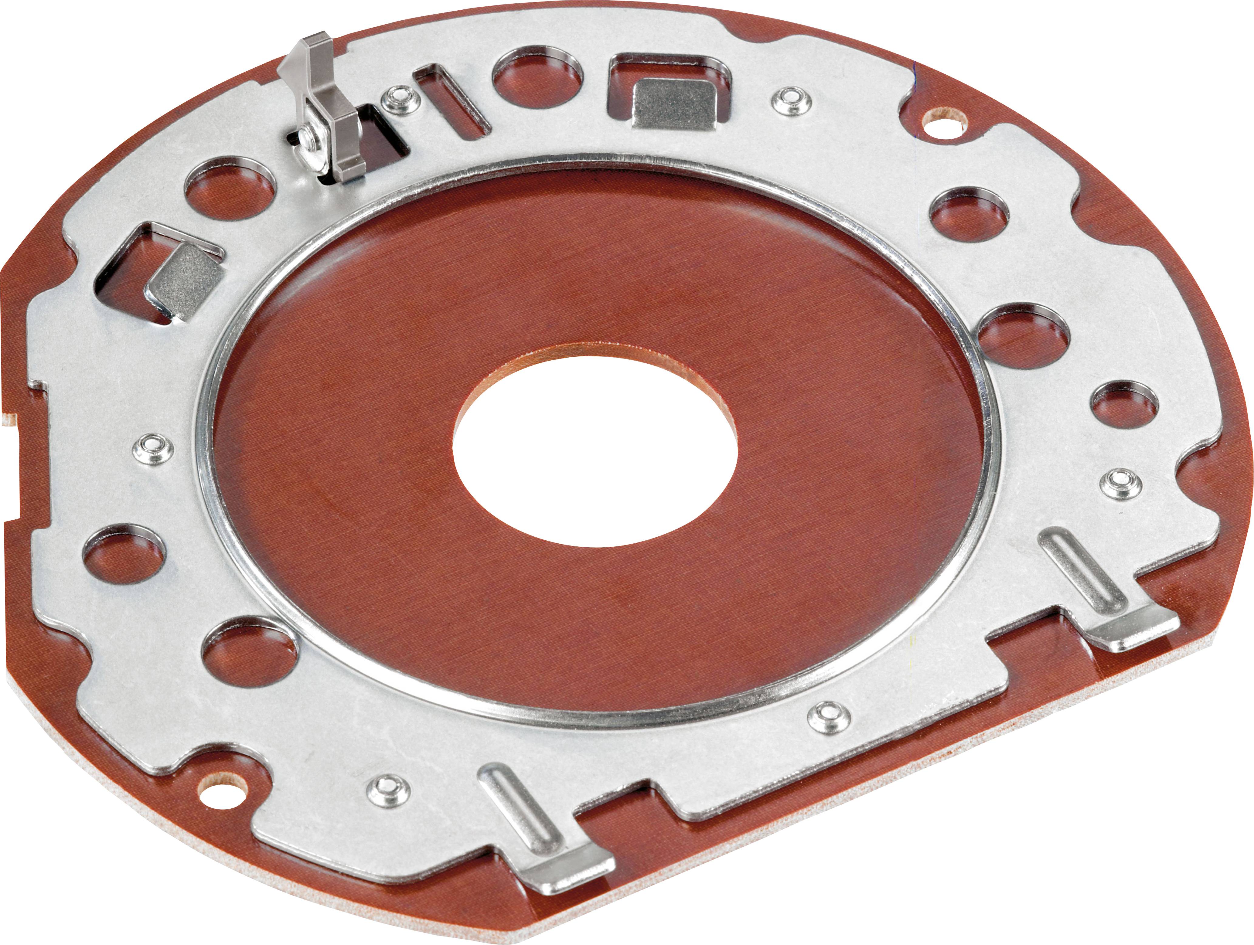 A circular metal component with a brown base, featuring a central hole and multiple cutouts around the edge, possibly part of a mechanism.