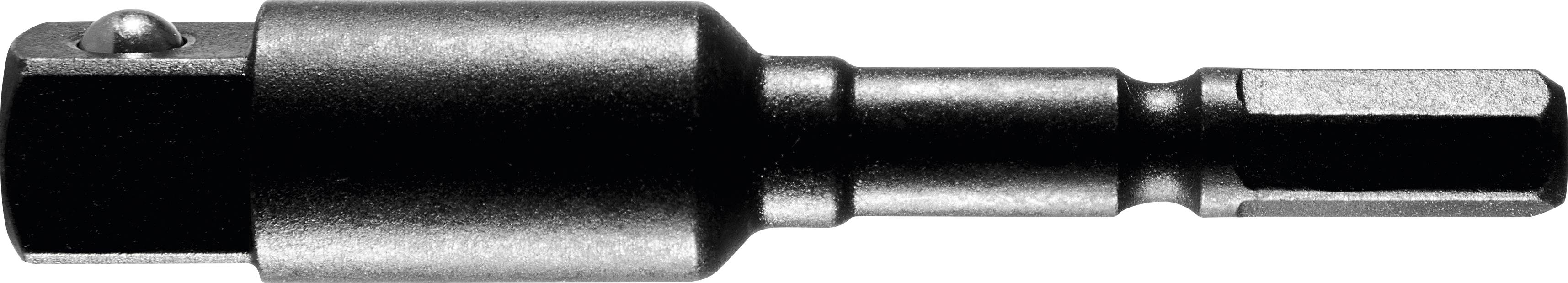 A metallic socket adapter with a hexagonal end on one side and a square drive on the other, used for attaching sockets to drill chucks.