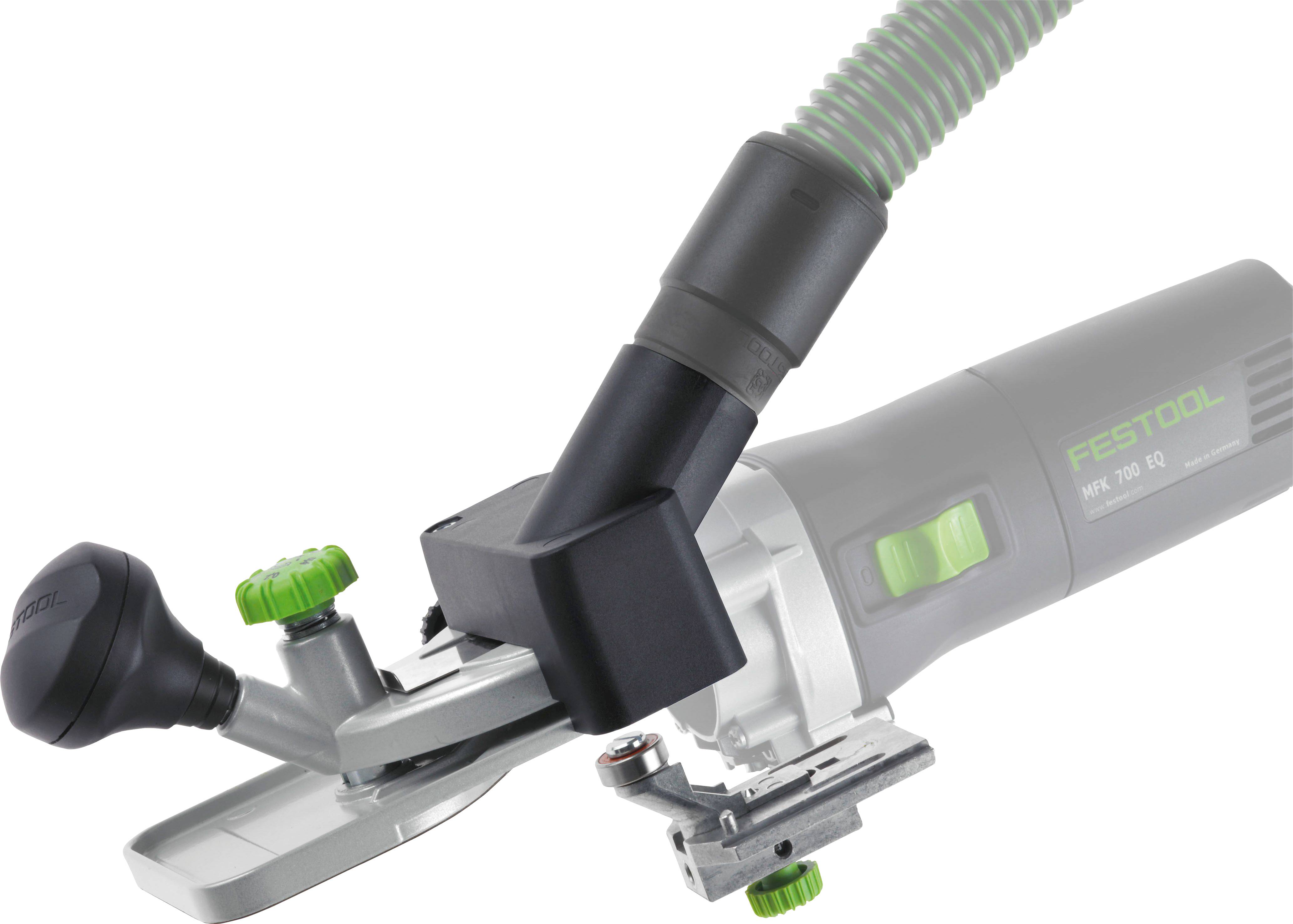 A Festool hand tool with a black handle, green dials, and an extended vacuum attachment for dust collection.