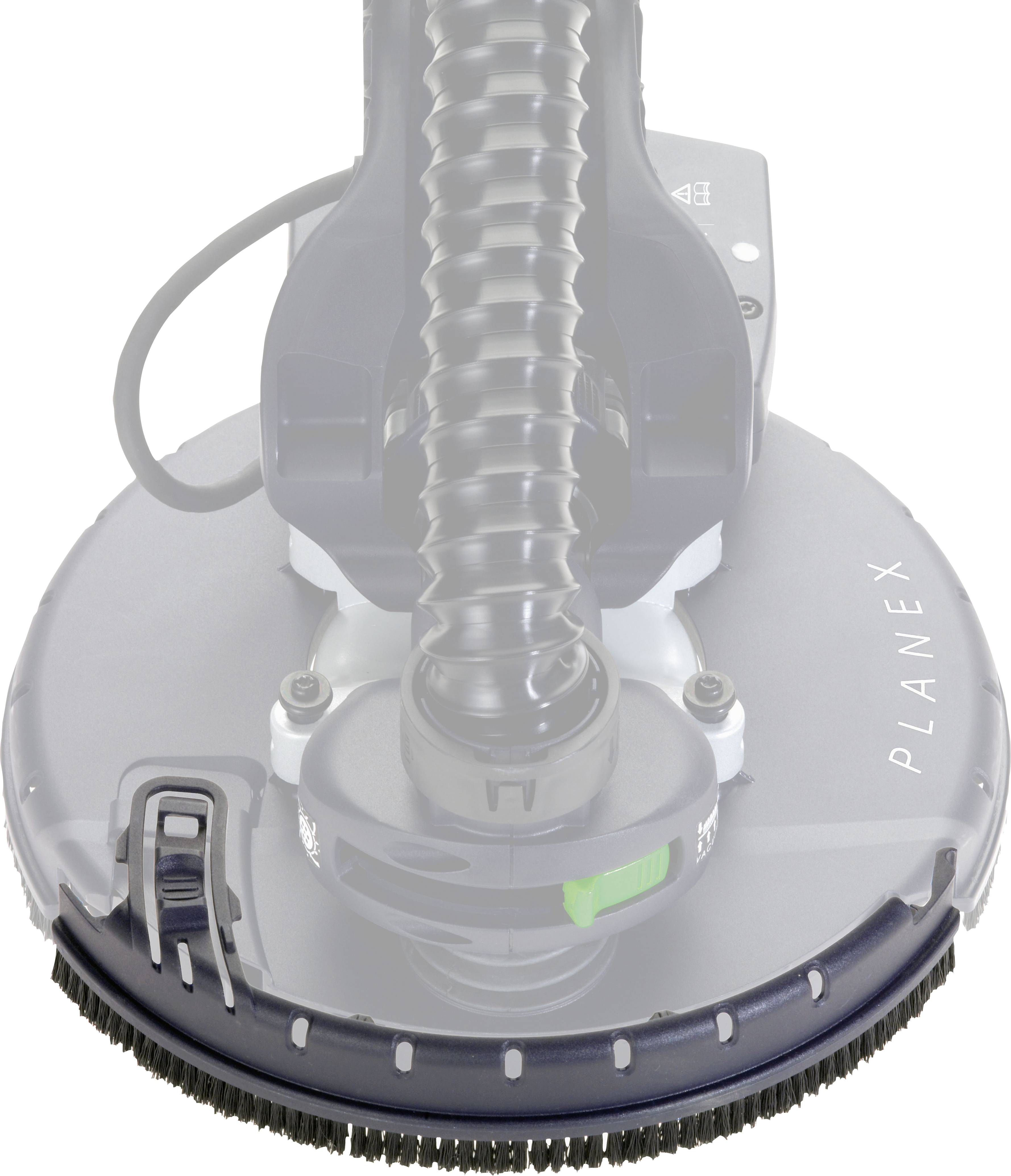'Planex' sander with brush attachment and flexible hose designed for smoothing surfaces in construction or renovation.
