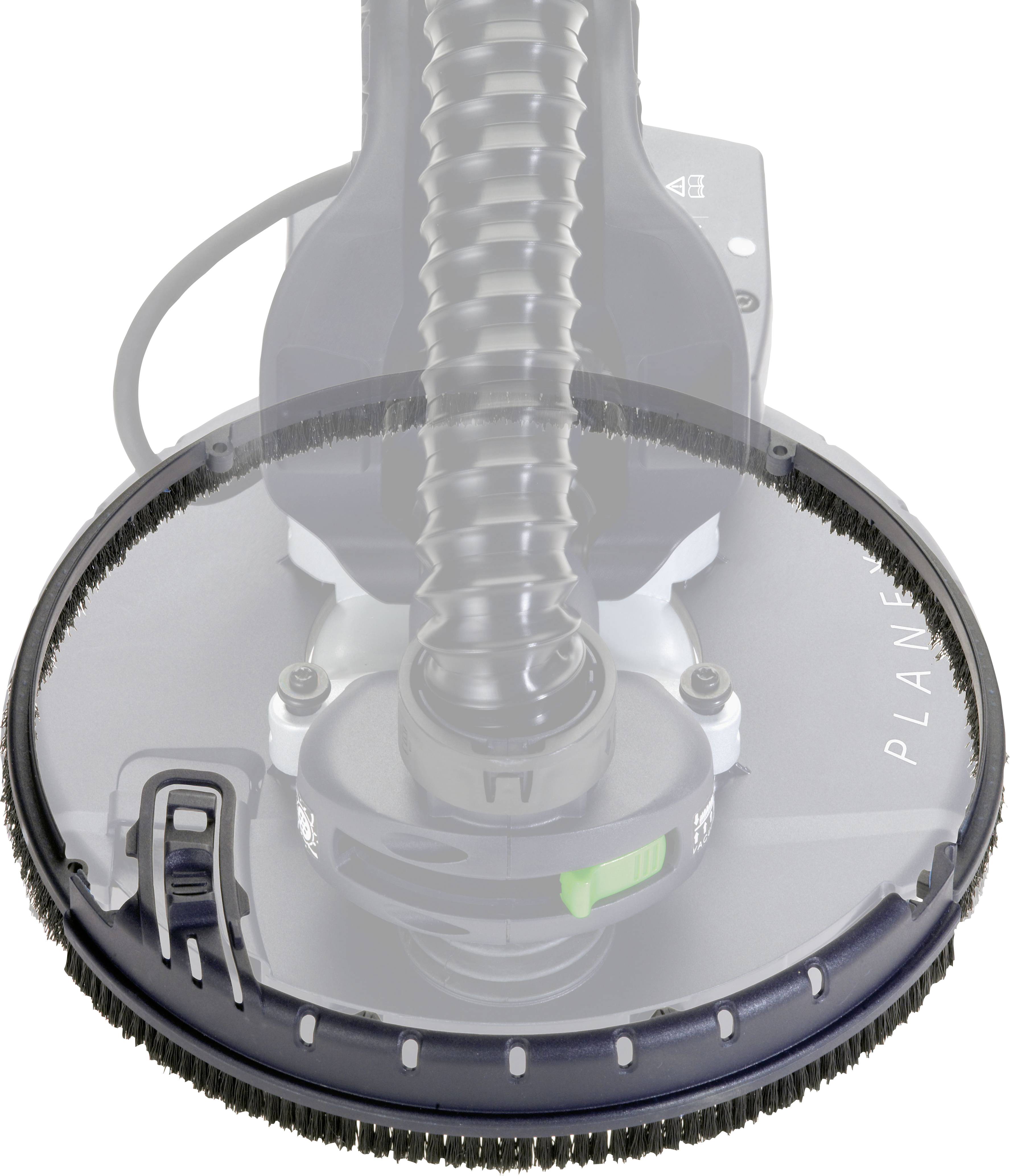 Close-up of a machine floor polisher with a circular brush and handle attachment, highlighting its essential cleaning components.