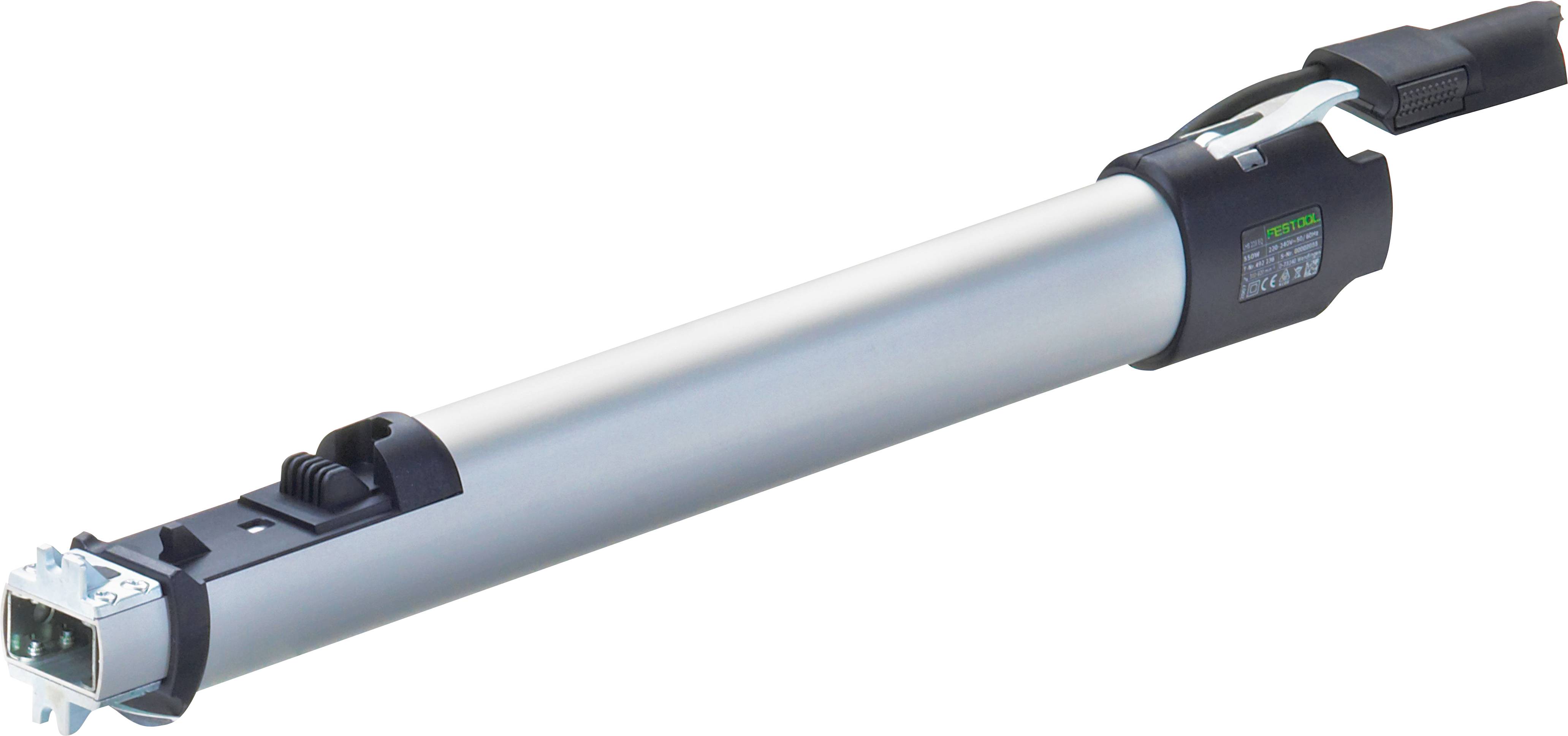 A metal linear actuator with a cylindrical shape, black mounting brackets, and an electrical connector on one end.