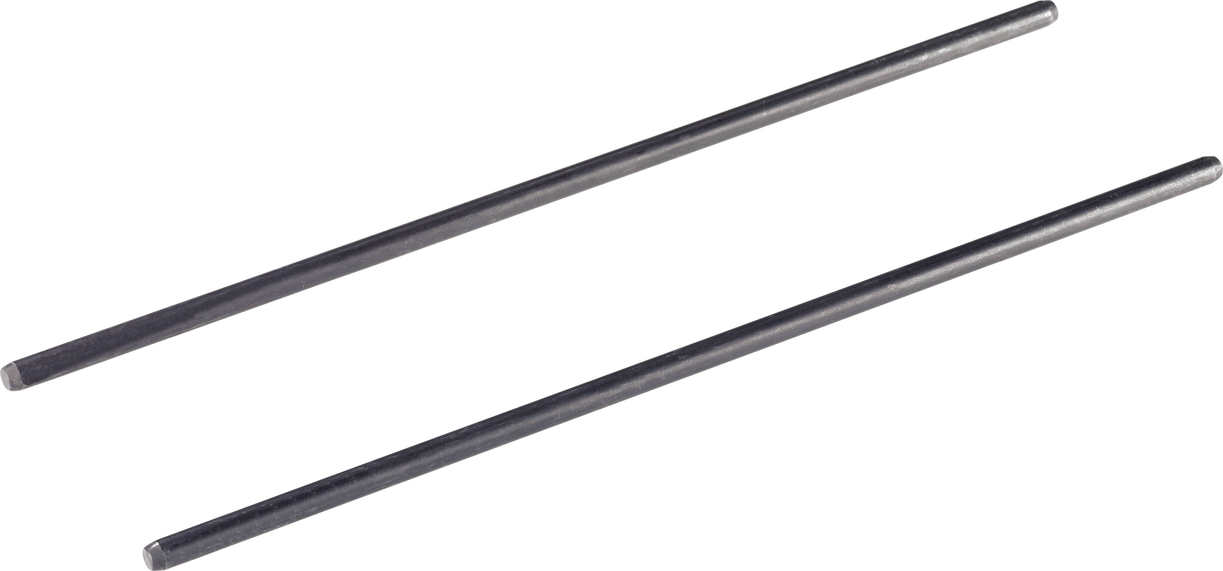 Two long, thin, cylindrical metal rods placed parallel to each other on a white background.