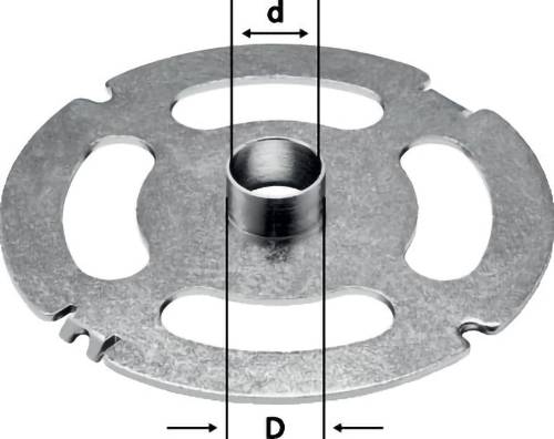 Metal disc with central hole and four equidistant cutouts, showing outer diameter (D) and inner diameter (d) measurements.